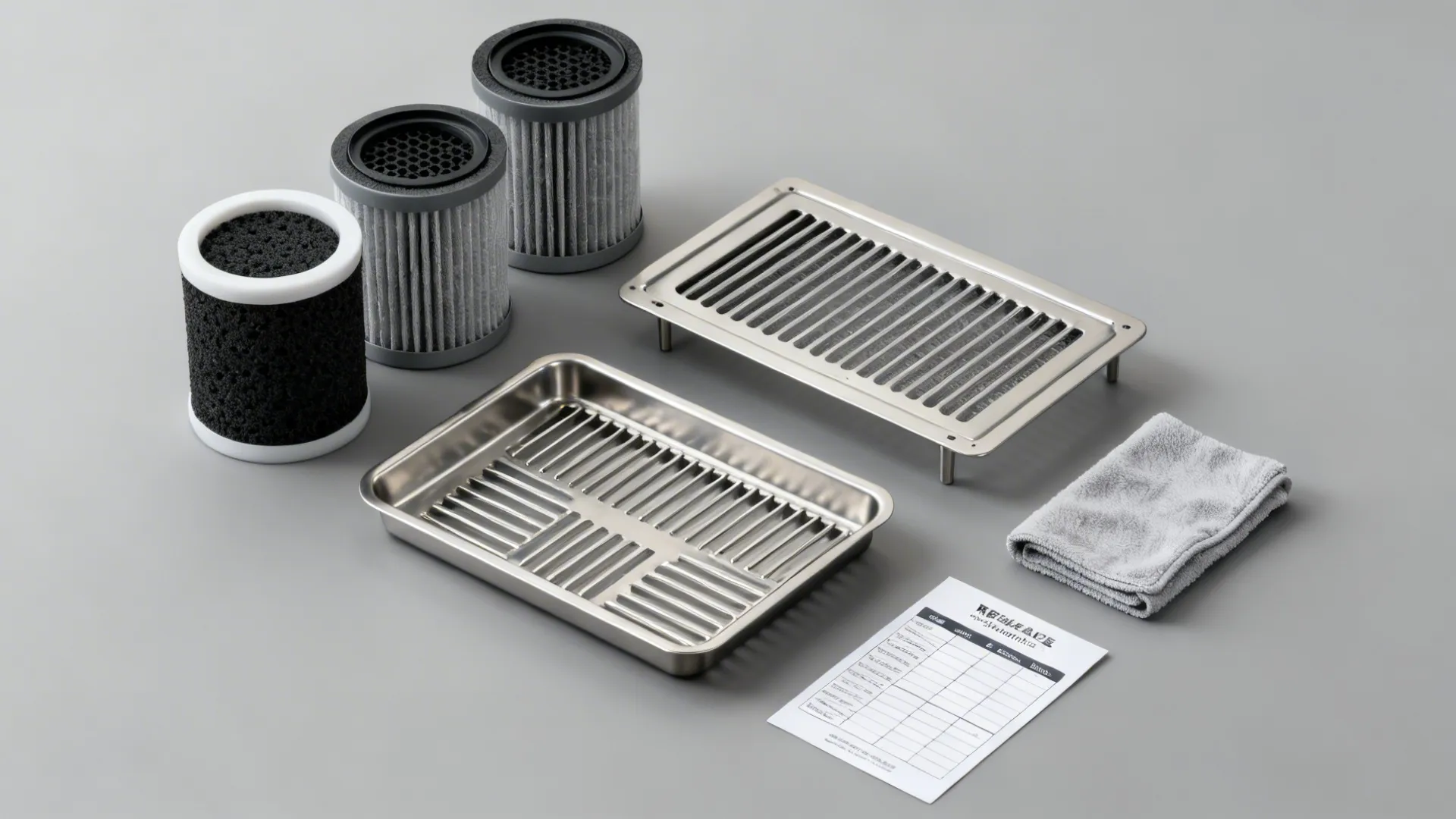 Flat lay of carbon filter cartridges and metal baffles arranged on a neutral surface.