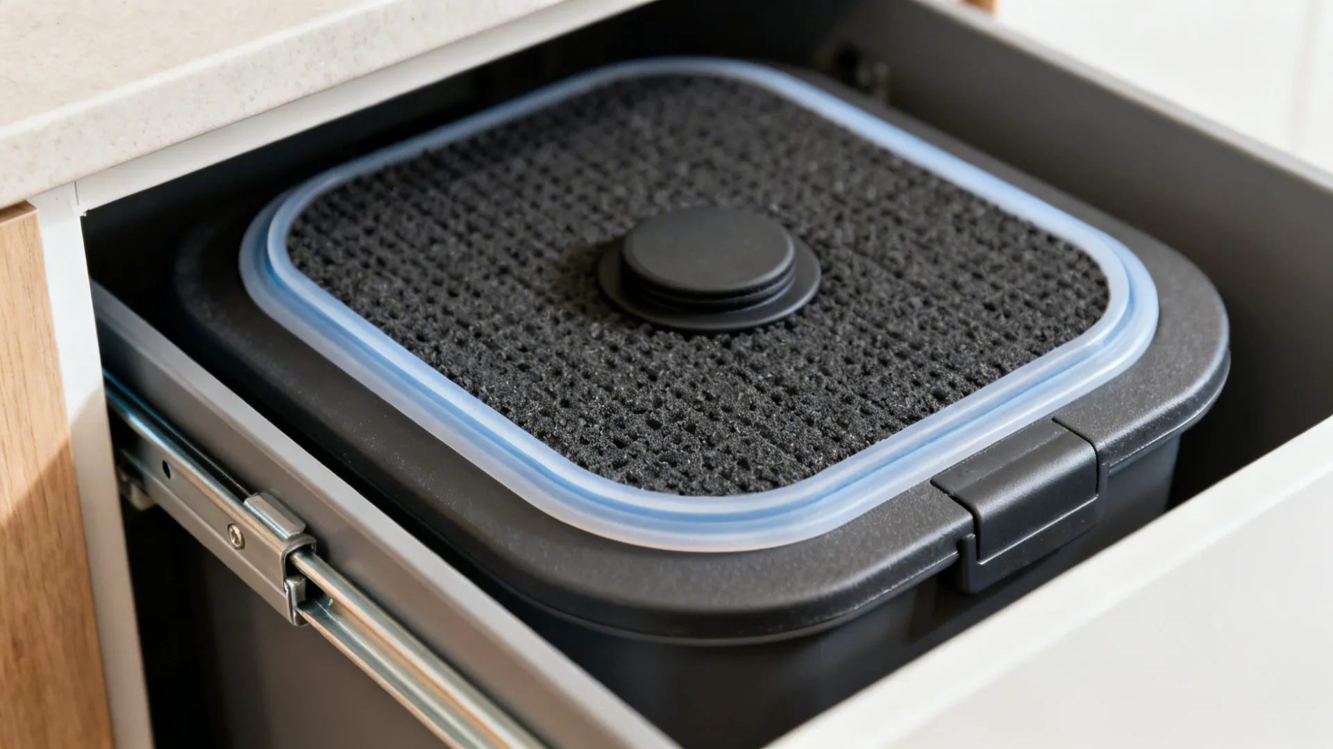 Close-up of a carbon-filter lid with silicone gasket and slide hardware.