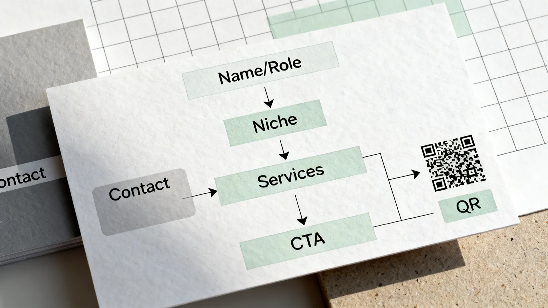 Information flowchart on white paper showing name niche services and call to action with barcode