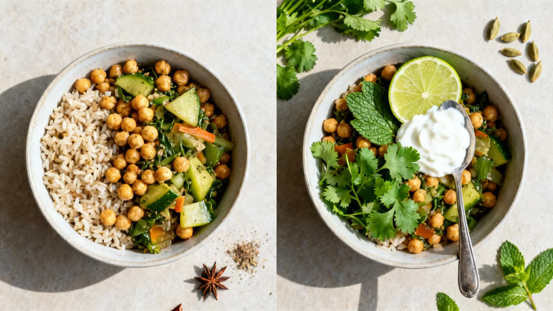 Before-and-after grain bowl showing cardamom dish transformed with lime, yogurt, and herbs.
