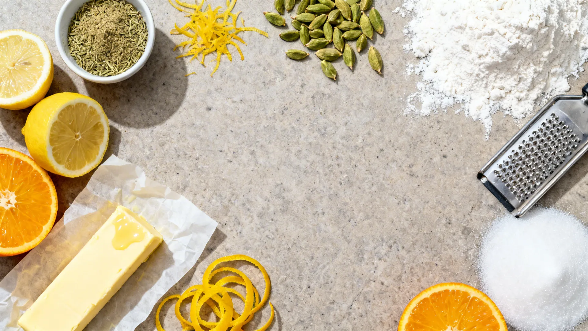Top-down of cardamom, lemon and orange zest, butter, sugar, and flour arranged for baking.