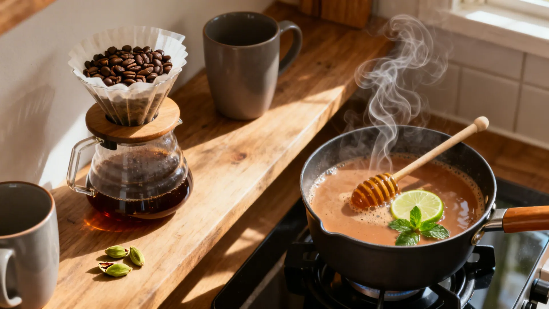 Small kitchen drink station with cardamom coffee setup and a steaming pot of chai.