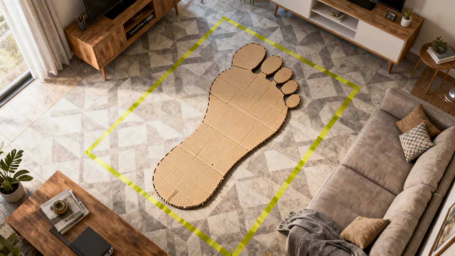 Top-down view of a cardboard footprint on the floor used to test chest proportions and clearances.