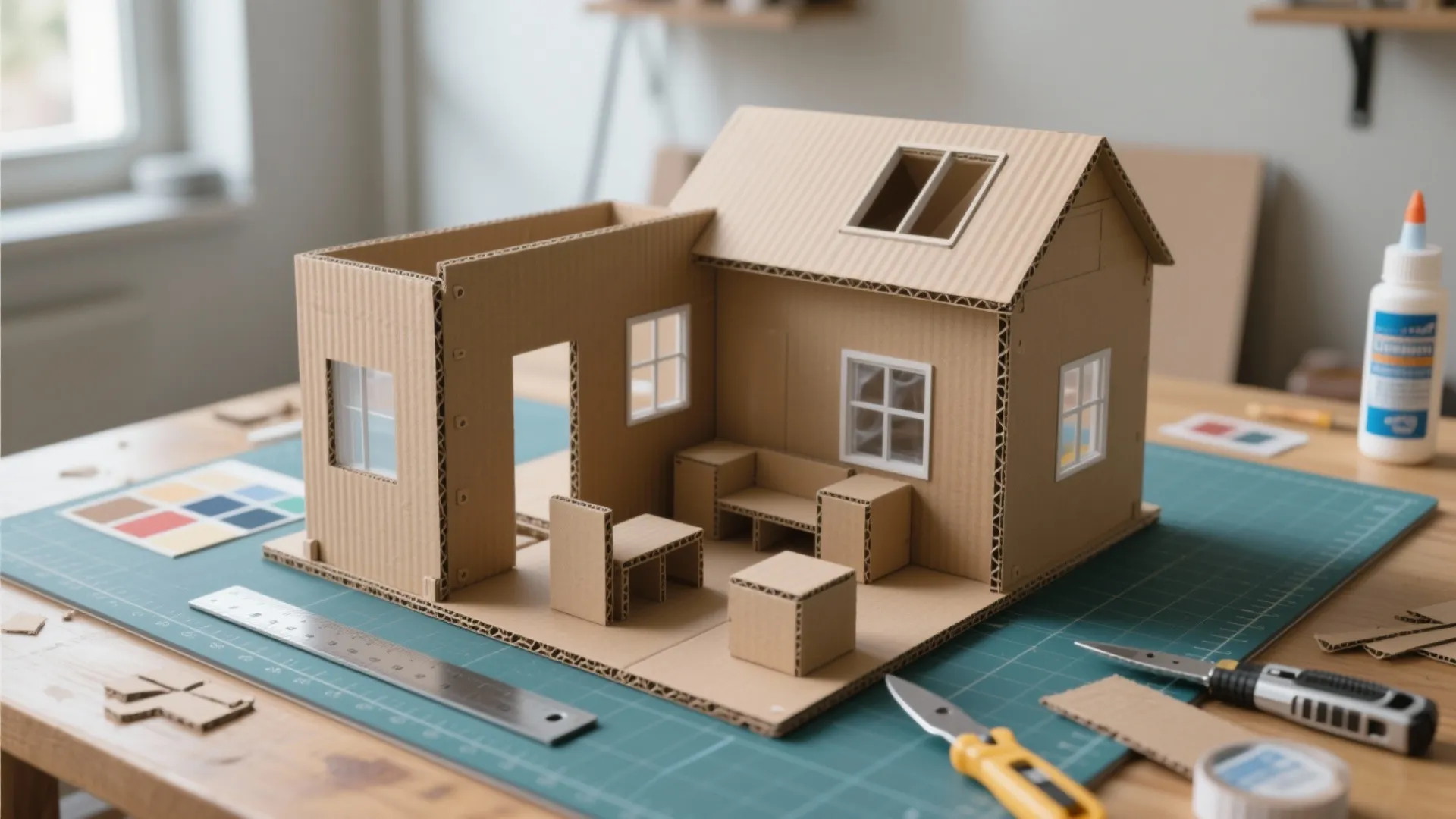 Cardboard model house with roof window sitting on green cutting mat with craft tools nearby