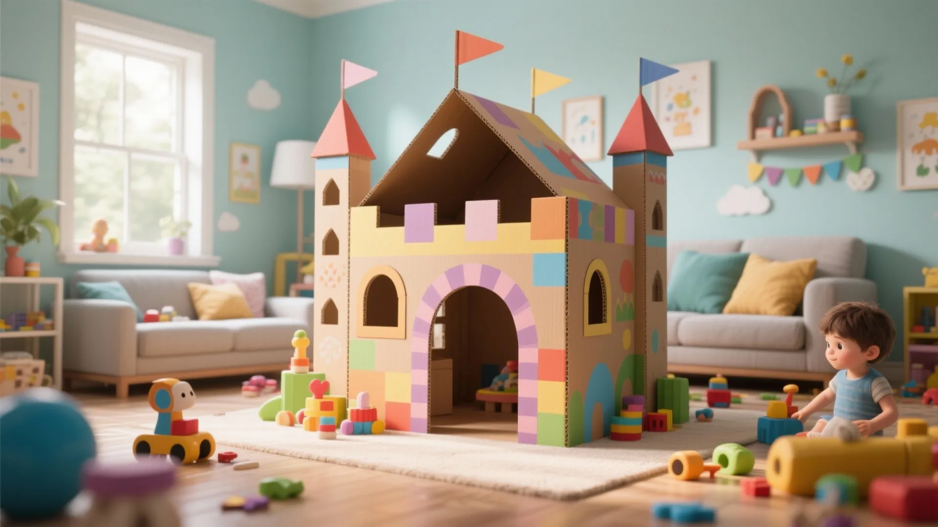 Colorful cardboard toy castle in a bright playroom with a child and scattered building blocks