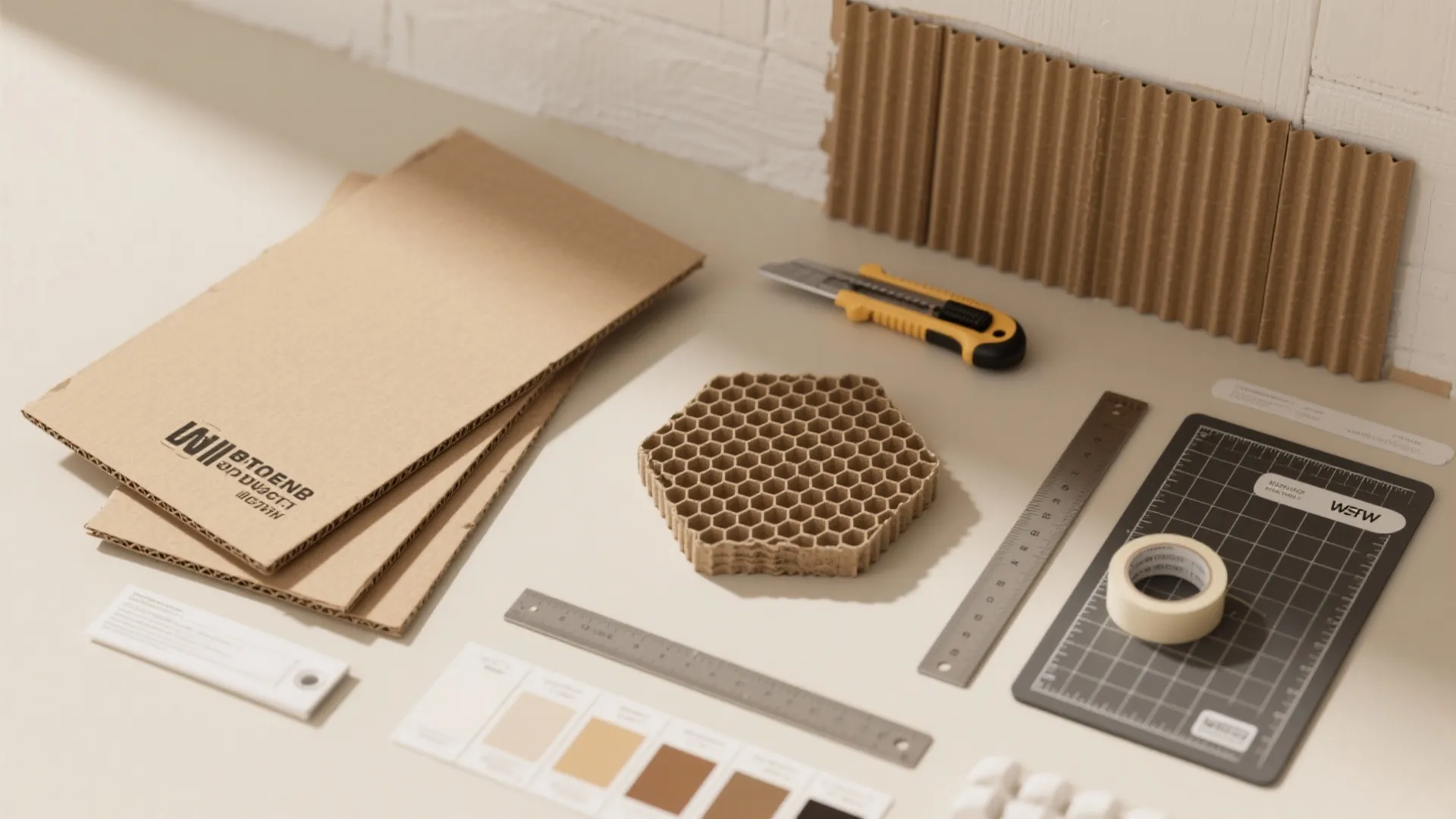 Table with cardboard sheets craft knife ruler tape and color samples for making DIY home projects