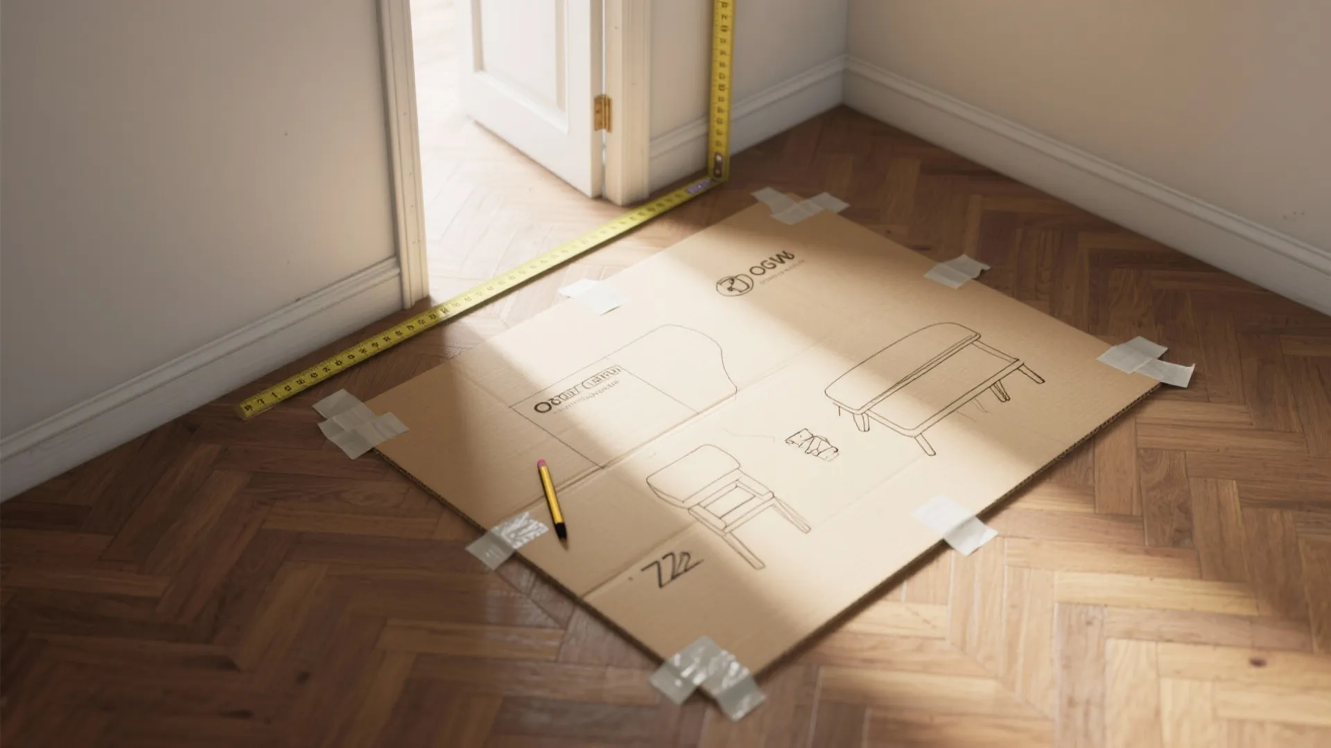 Cardboard furniture mockup on wooden floor with measuring tape and pencil for room layout planning