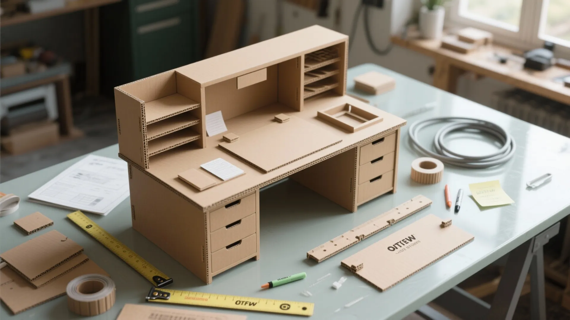 Small cardboard scale model of a home office desk layout on a green work table