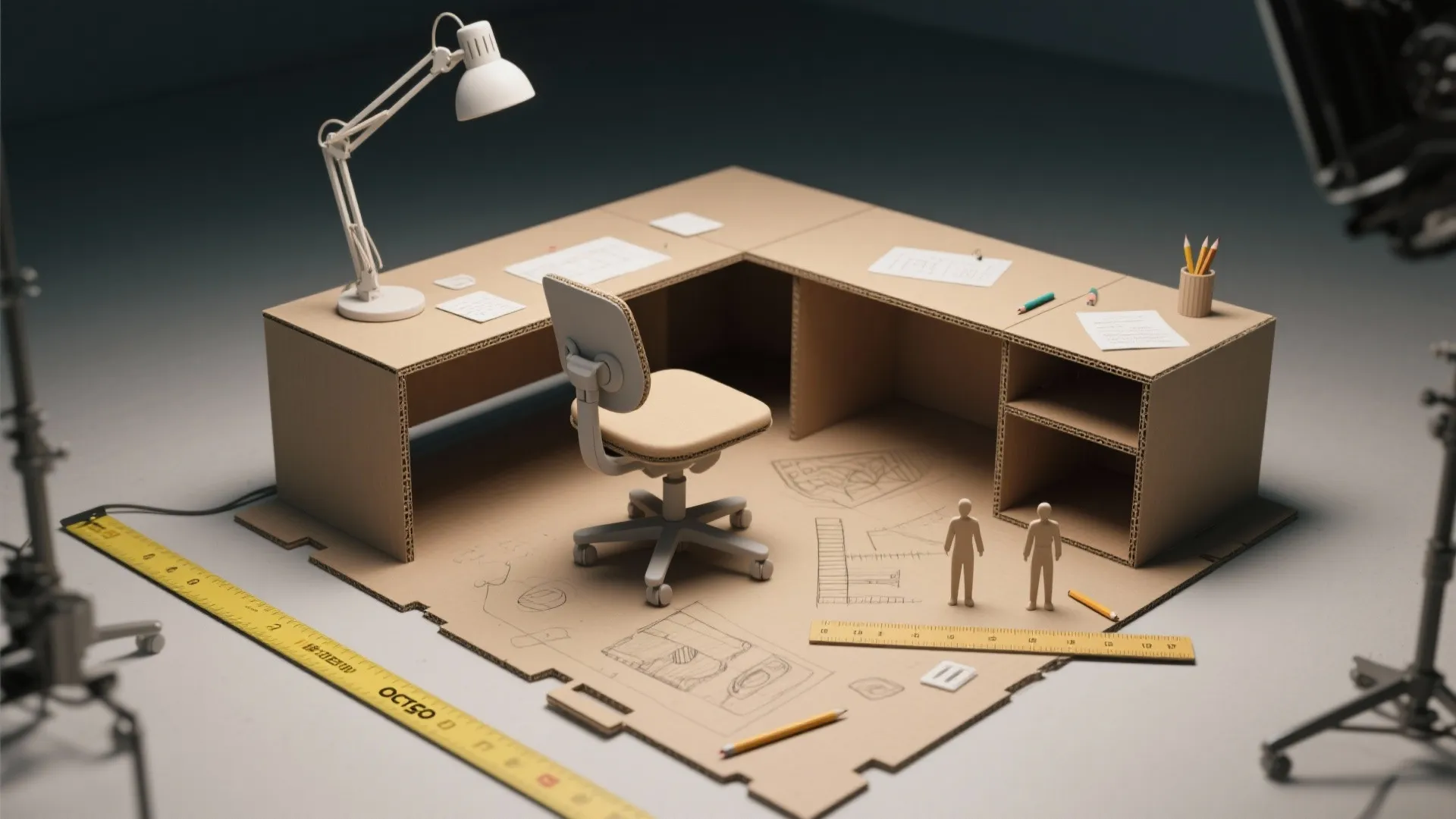 Small cardboard office model with desk chair lamp and two human figures for room design