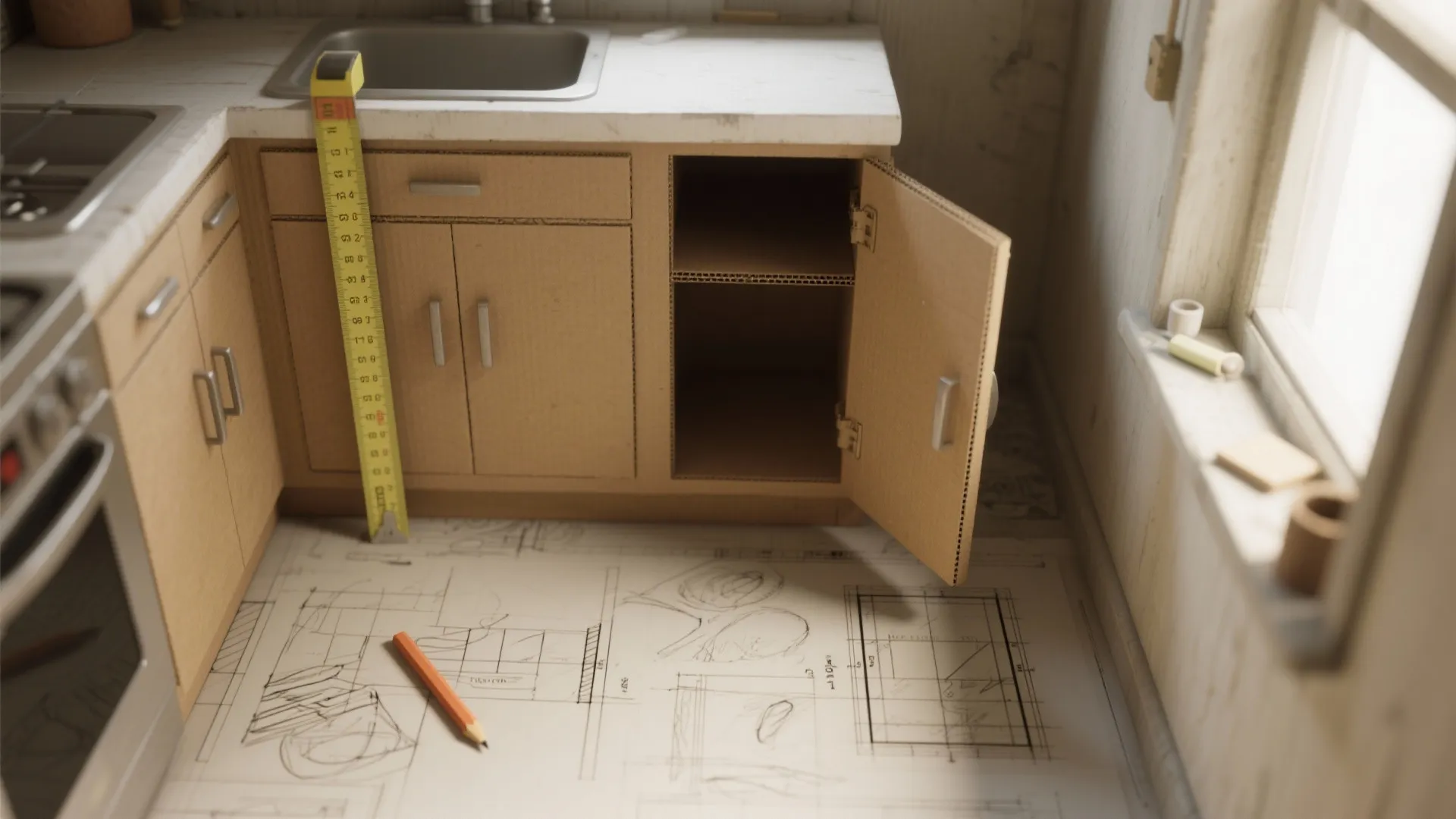 Top-down view of a cardboard cabinet mockup with measuring tape and sketches in a narrow kitchen space.