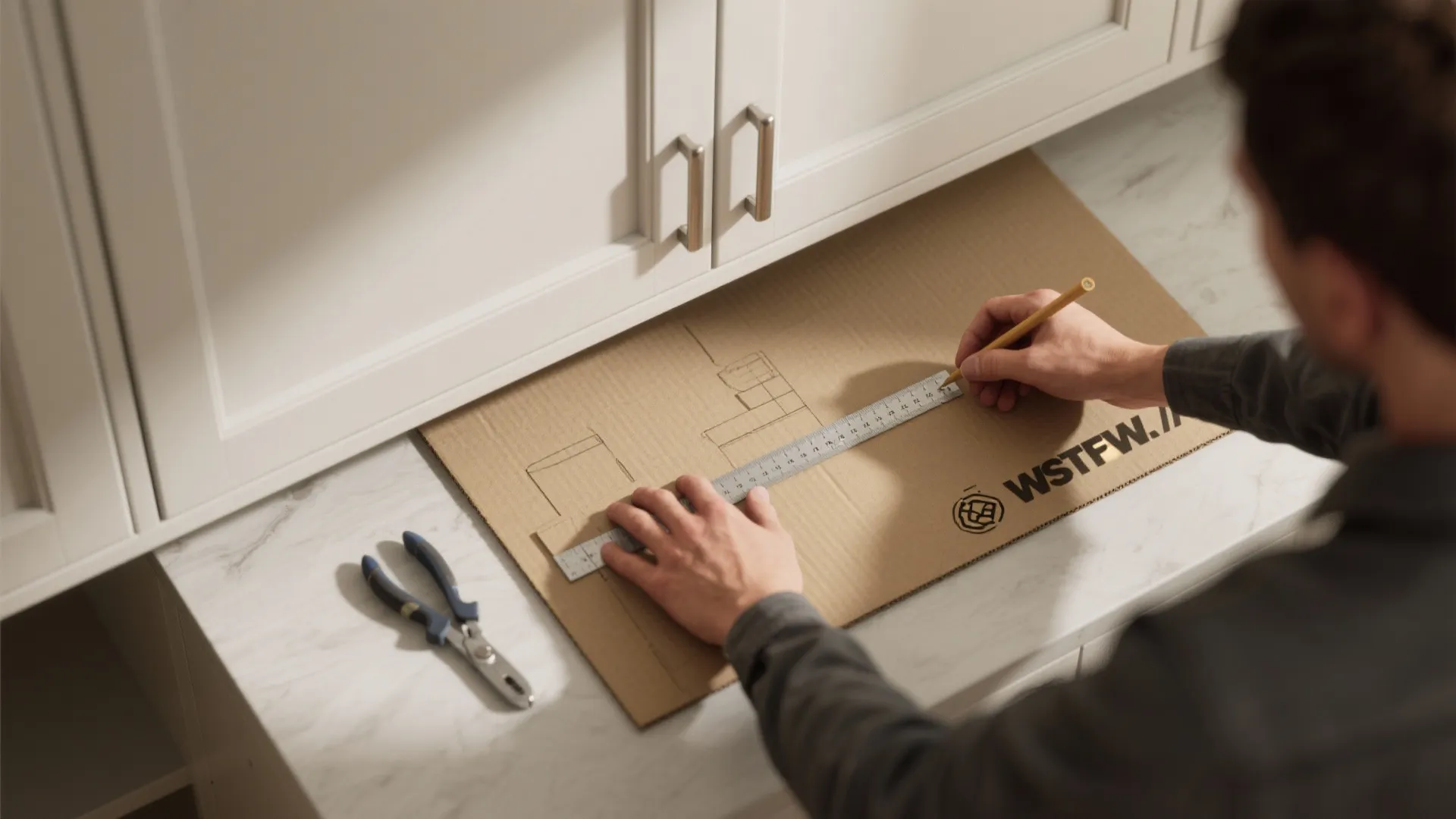 A person drawing a kitchen layout on cardboard using a ruler and pencil on marble countertop