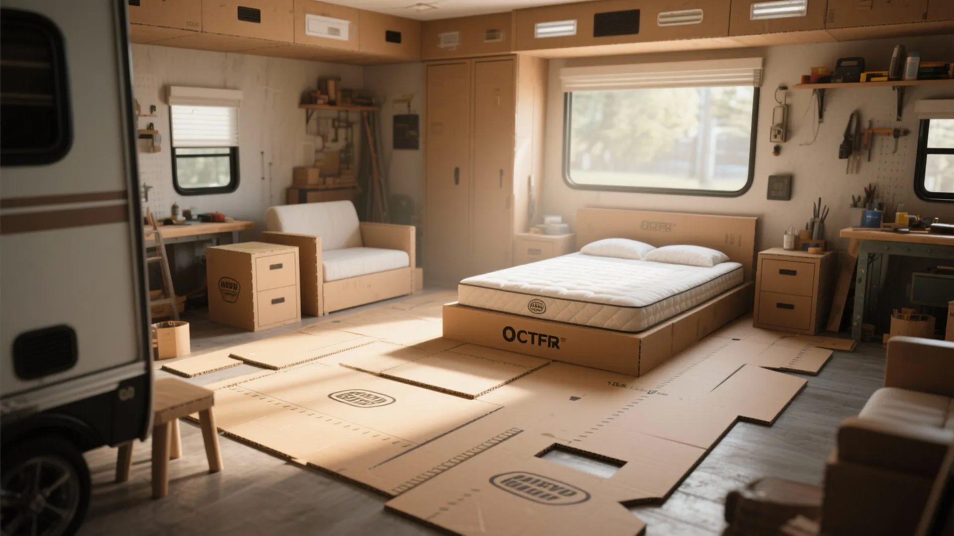 Cardboard mockup of mattress and furniture layout inside a fifth wheel for testing sleep setups.