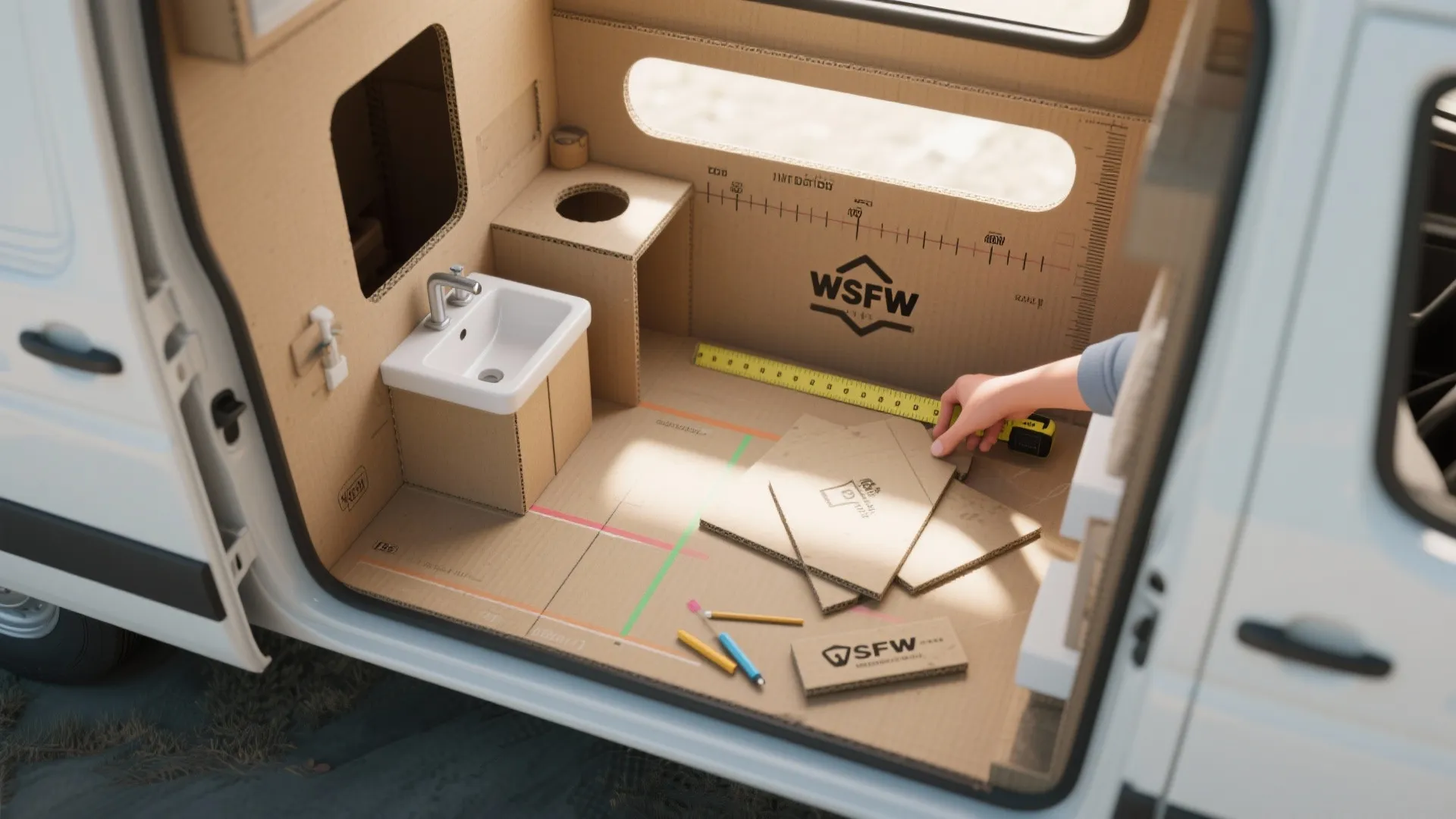 Cardboard mockup inside an RV bathroom used to check sink clearances and layout.