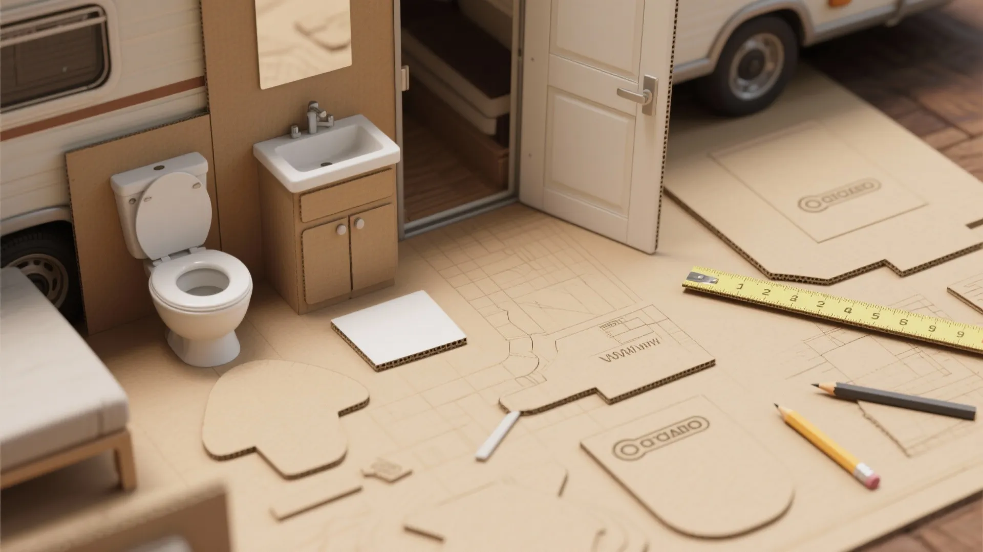 Cardboard mockup of a bathroom layout featuring a small toilet sink and paper floor plan