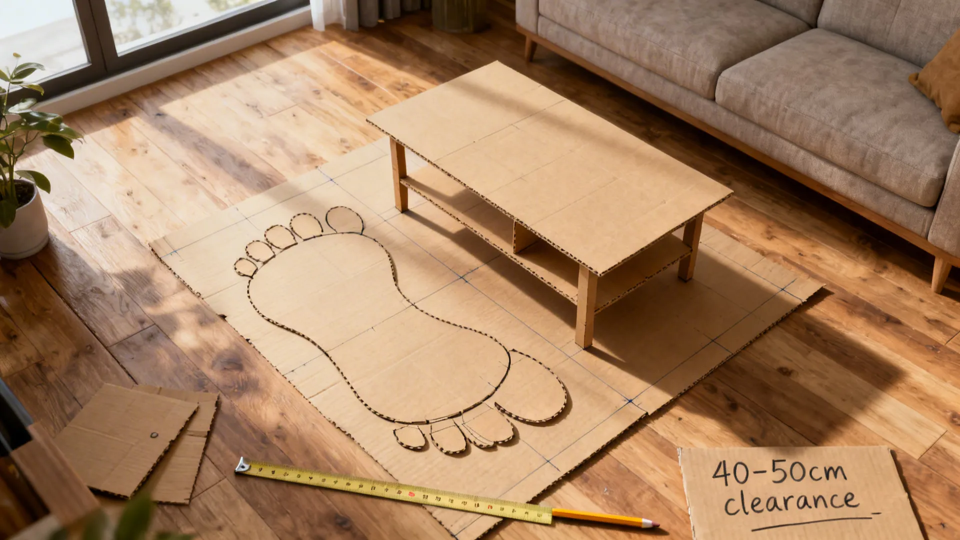 Living room with cardboard furniture models on wood floor next to sofa and measuring tape