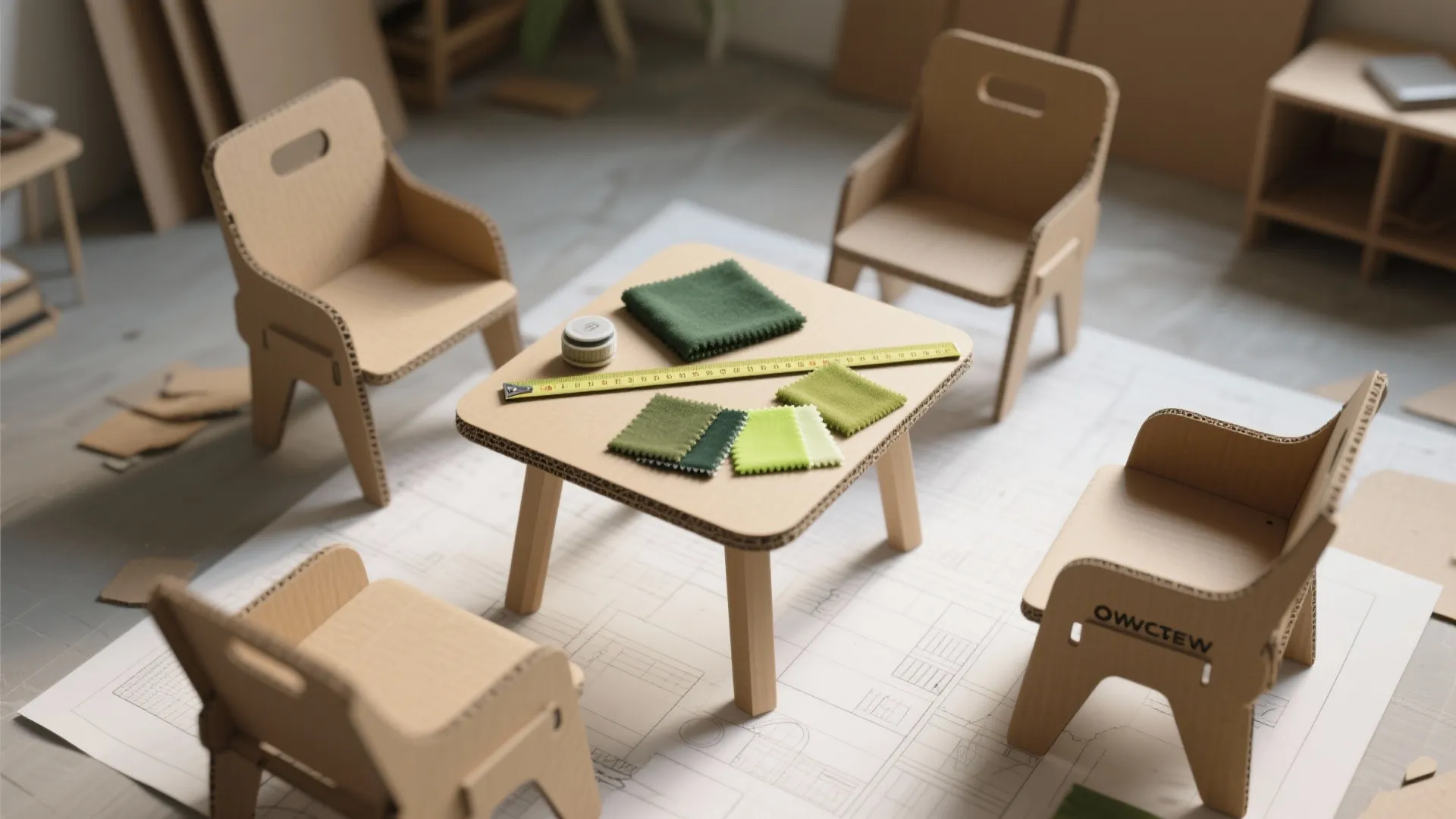 Top-down view of cardboard chair prototypes, measuring tape, and green fabric swatches