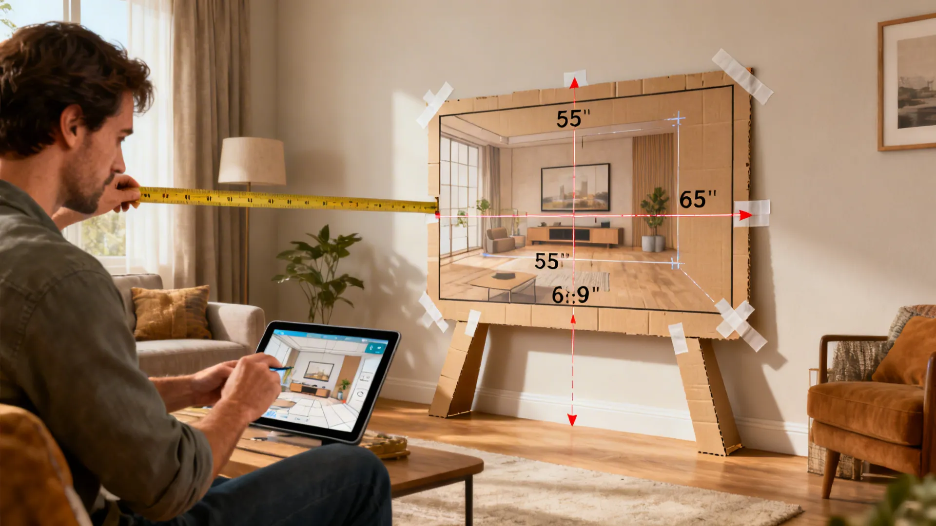 Person testing TV size with cardboard cutouts and a tablet 3D planner in a living room.