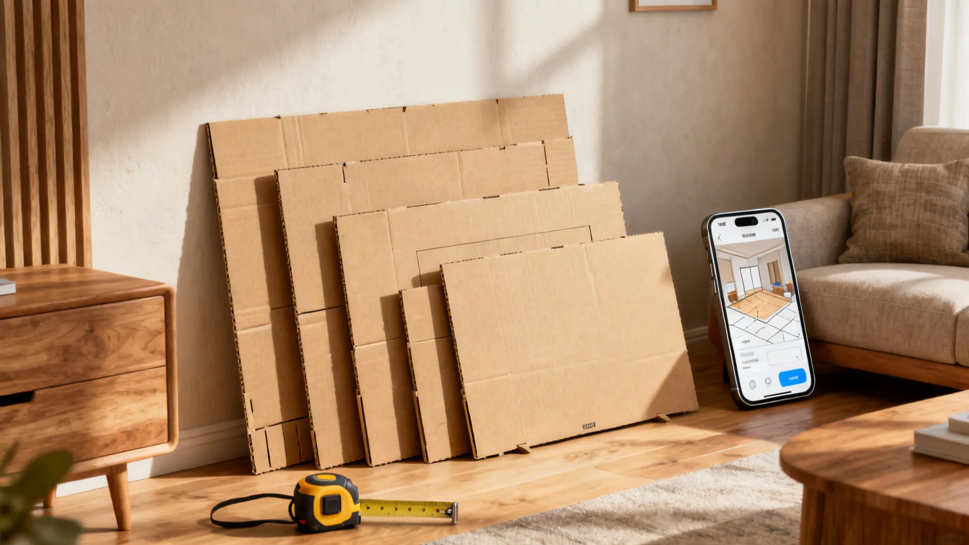Cardboard TV mockups and a phone with a room planner app to visualize scale and proportion.