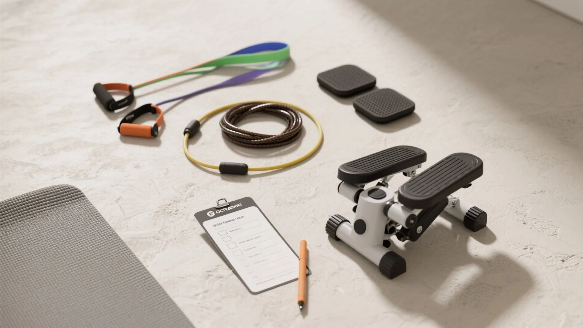 Fitness equipment collection including stepper, resistance bands, jump rope, exercise mat, and a workout plan
