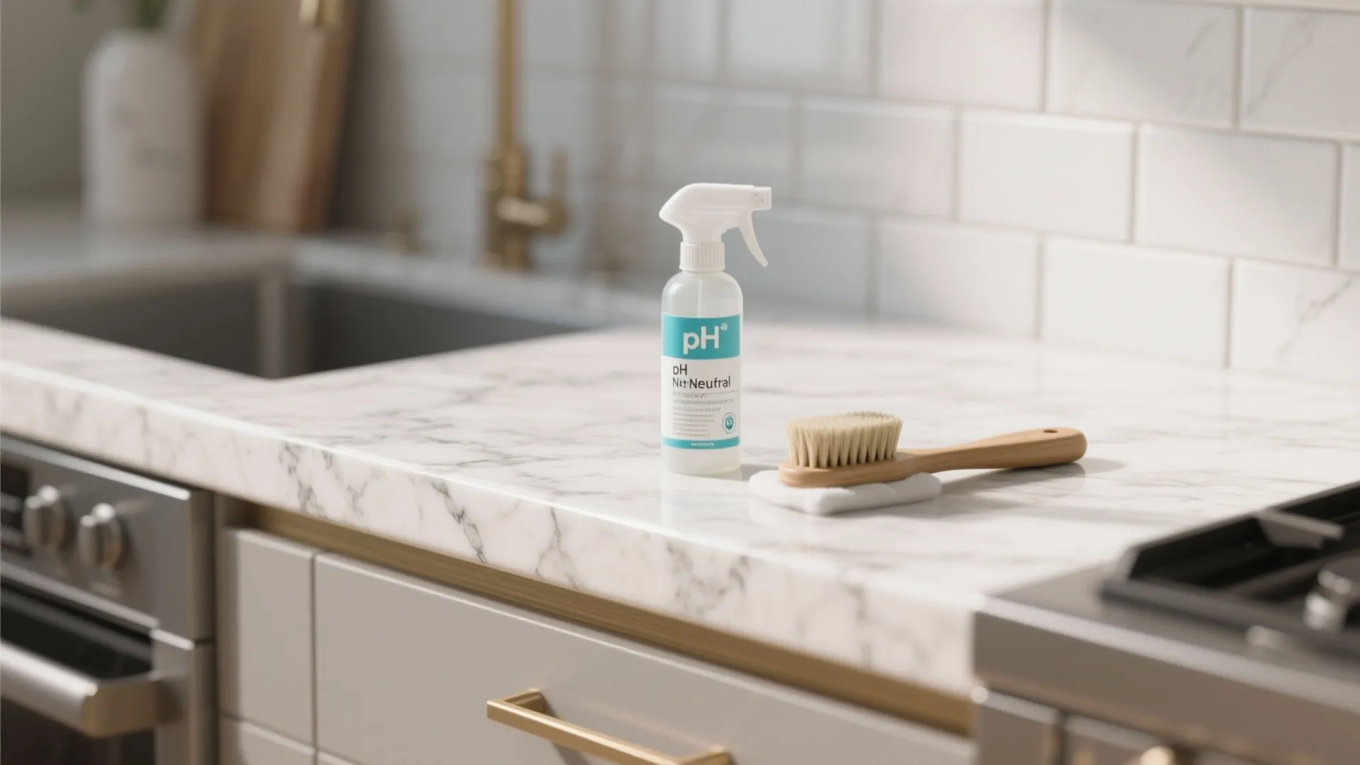 Cleaning spray bottle and wooden brush sitting on white marble kitchen countertop with tiled wall background