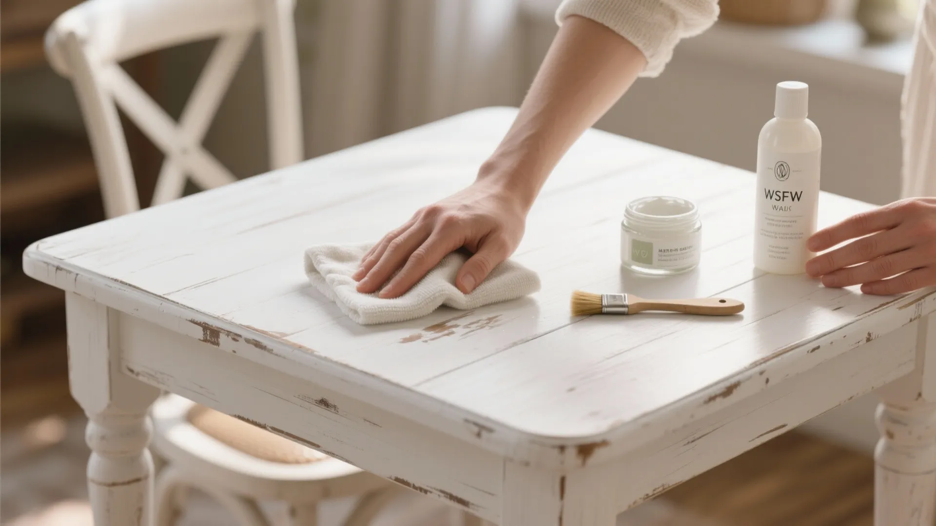 Cleaning a white wooden dining table using a soft white cloth and wood care products