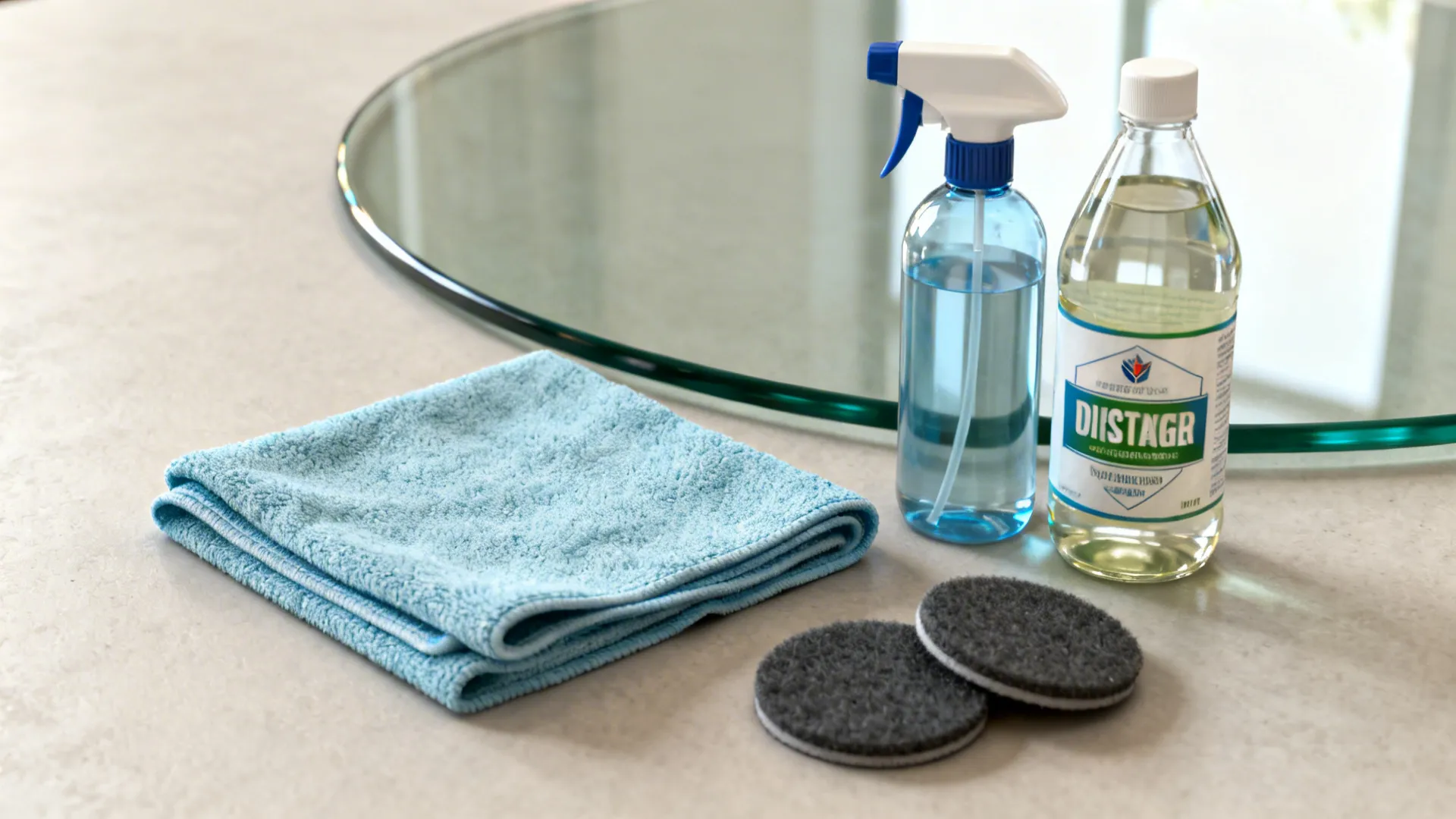 Care items for glass tables including microfiber cloth, vinegar spray, and felt pads near a rounded glass sample