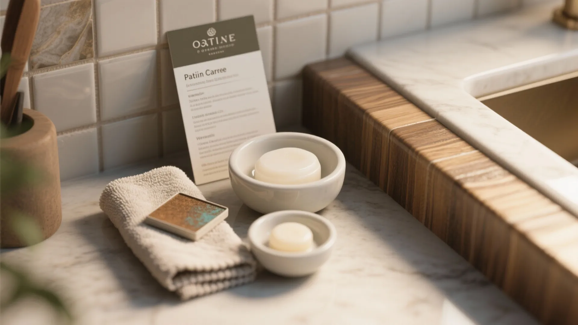 Detail of cleaning cloth, mild soap, and material samples for caring for rustic backsplashes.