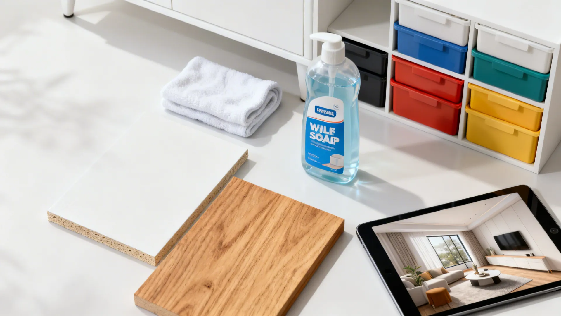Flatlay showing MDF and wood samples, cleaning supplies and 3D mockup tablet for planning