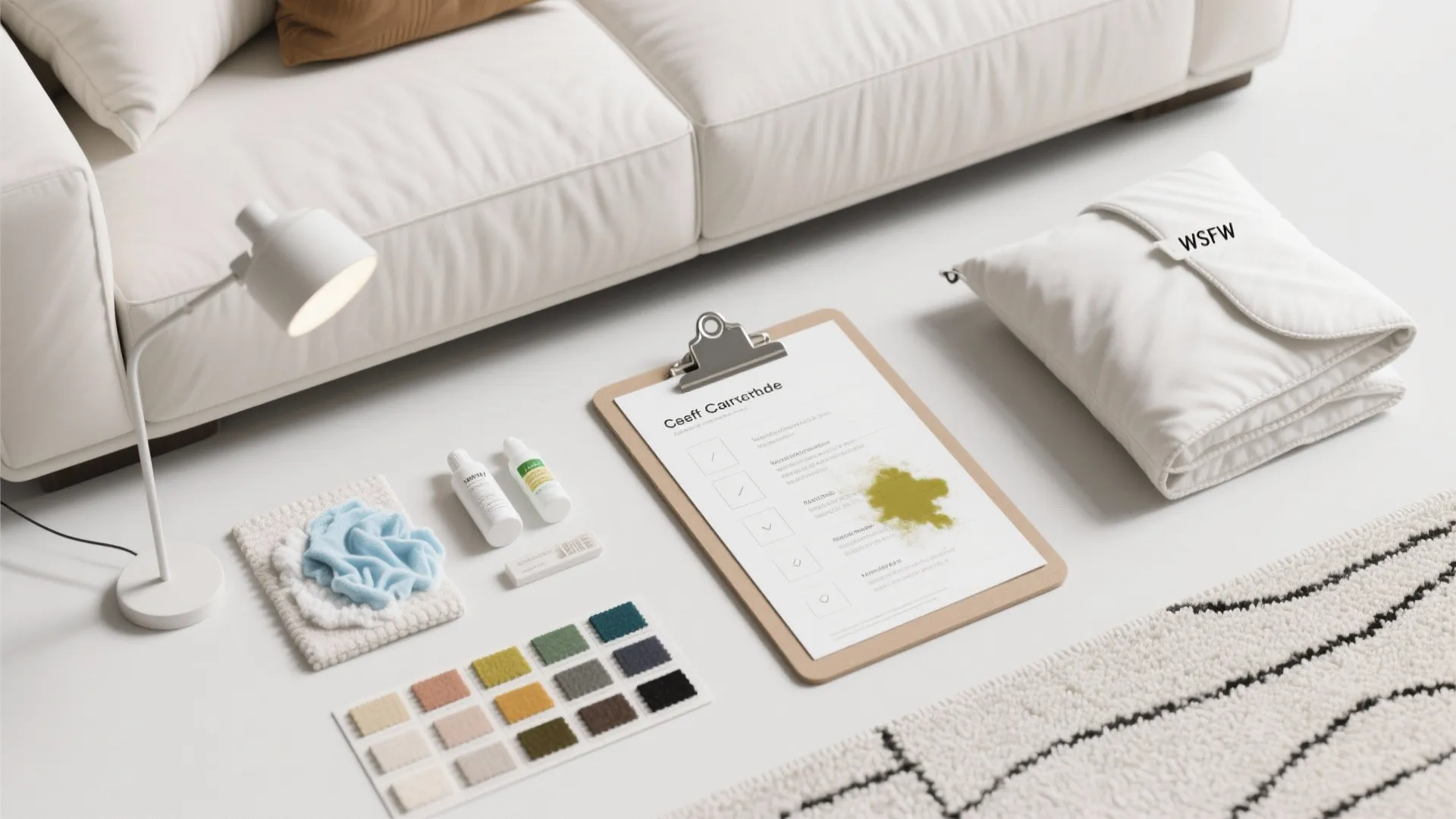 Cleaning checklist on clipboard next to table lamp and fabric samples on a white floor