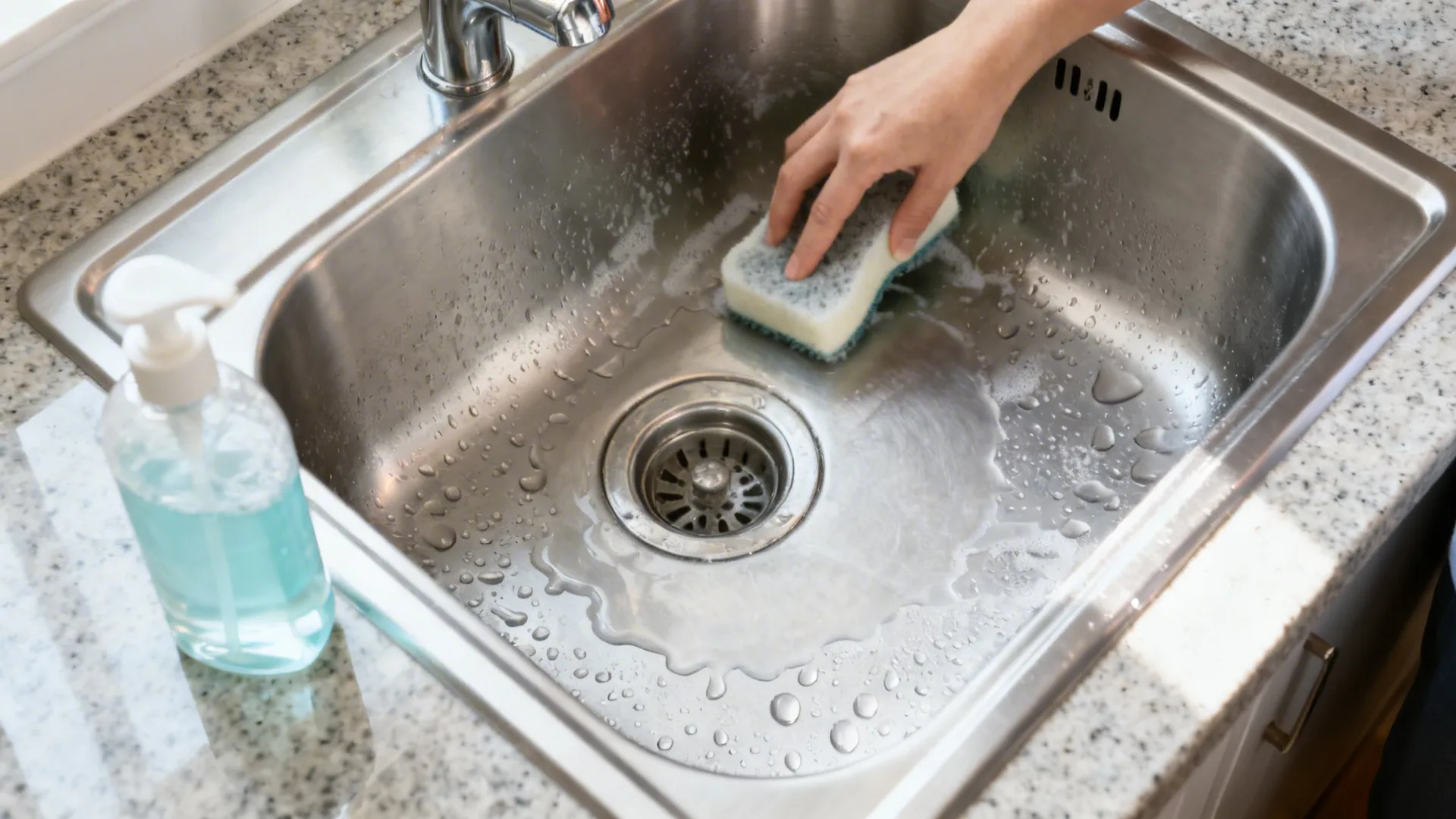 Top-down view of a satin stainless sink being cleaned with a soft sponge and mild soap on quartz.