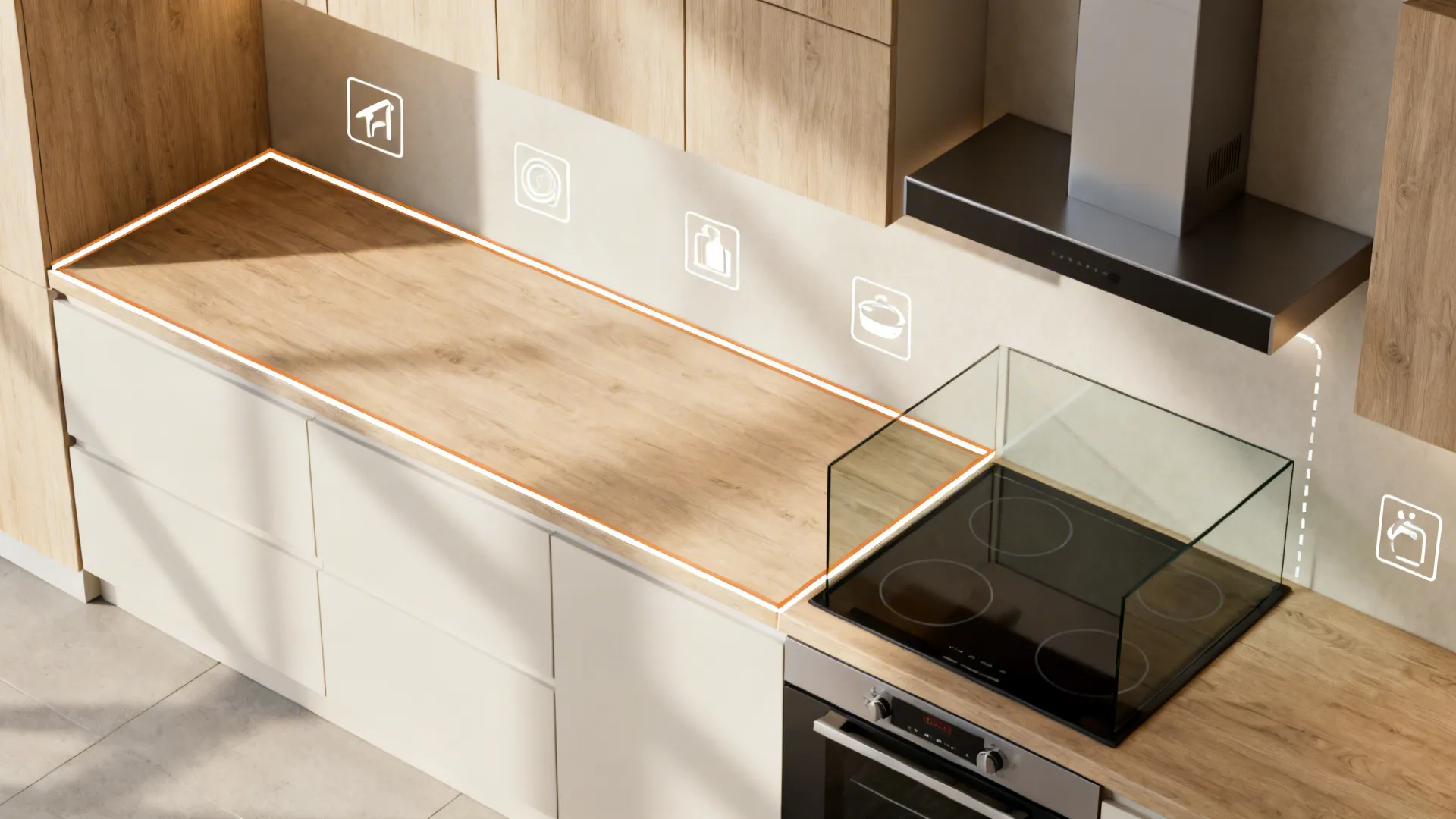 Top-down view illustrating edge sealing, glass splash guard, and ventilation for wood cladding.