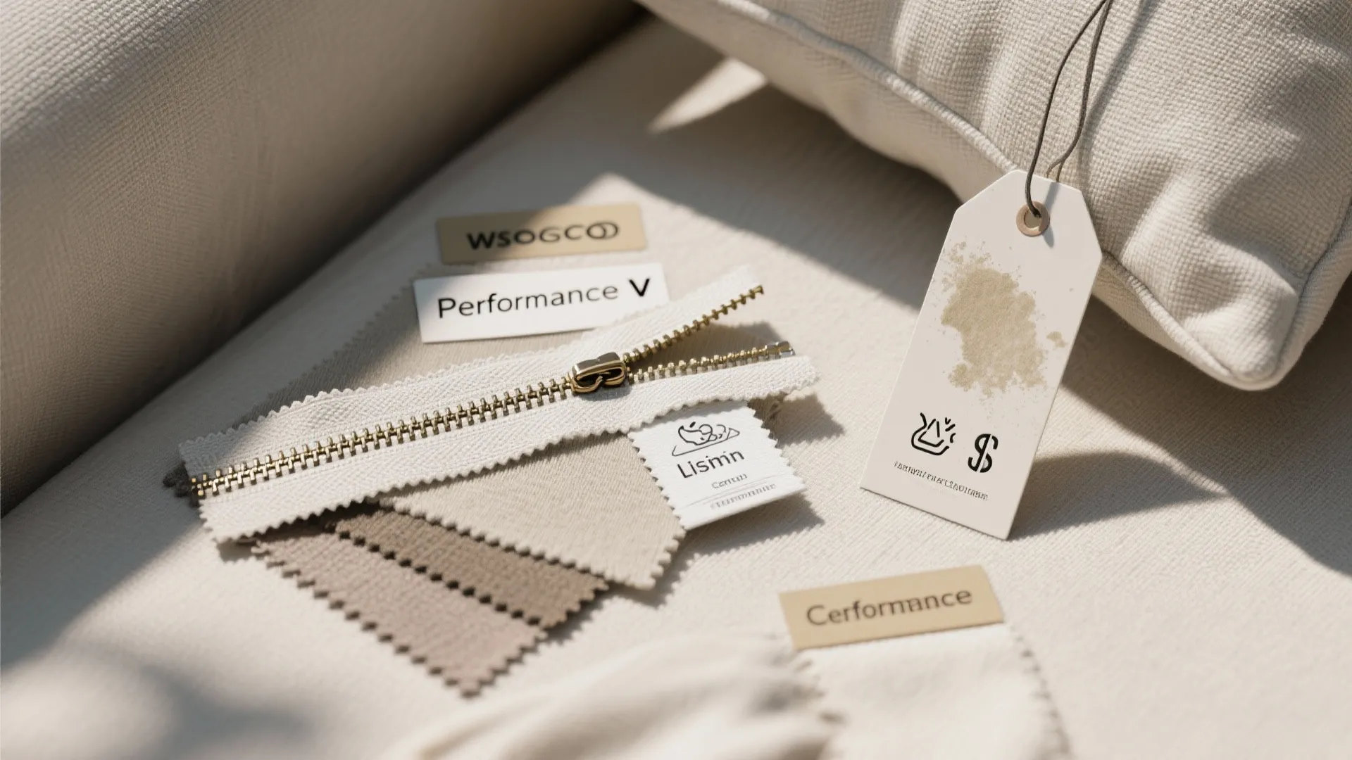 Close up of fabric samples with zipper and product tag on white sofa cushion surface