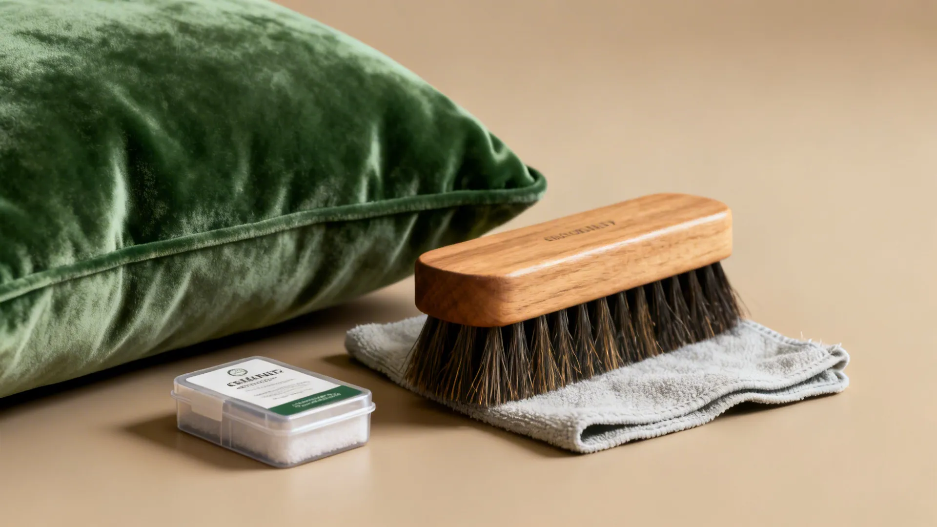 Upholstery brush and care items next to a green velvet cushion for sofa maintenance