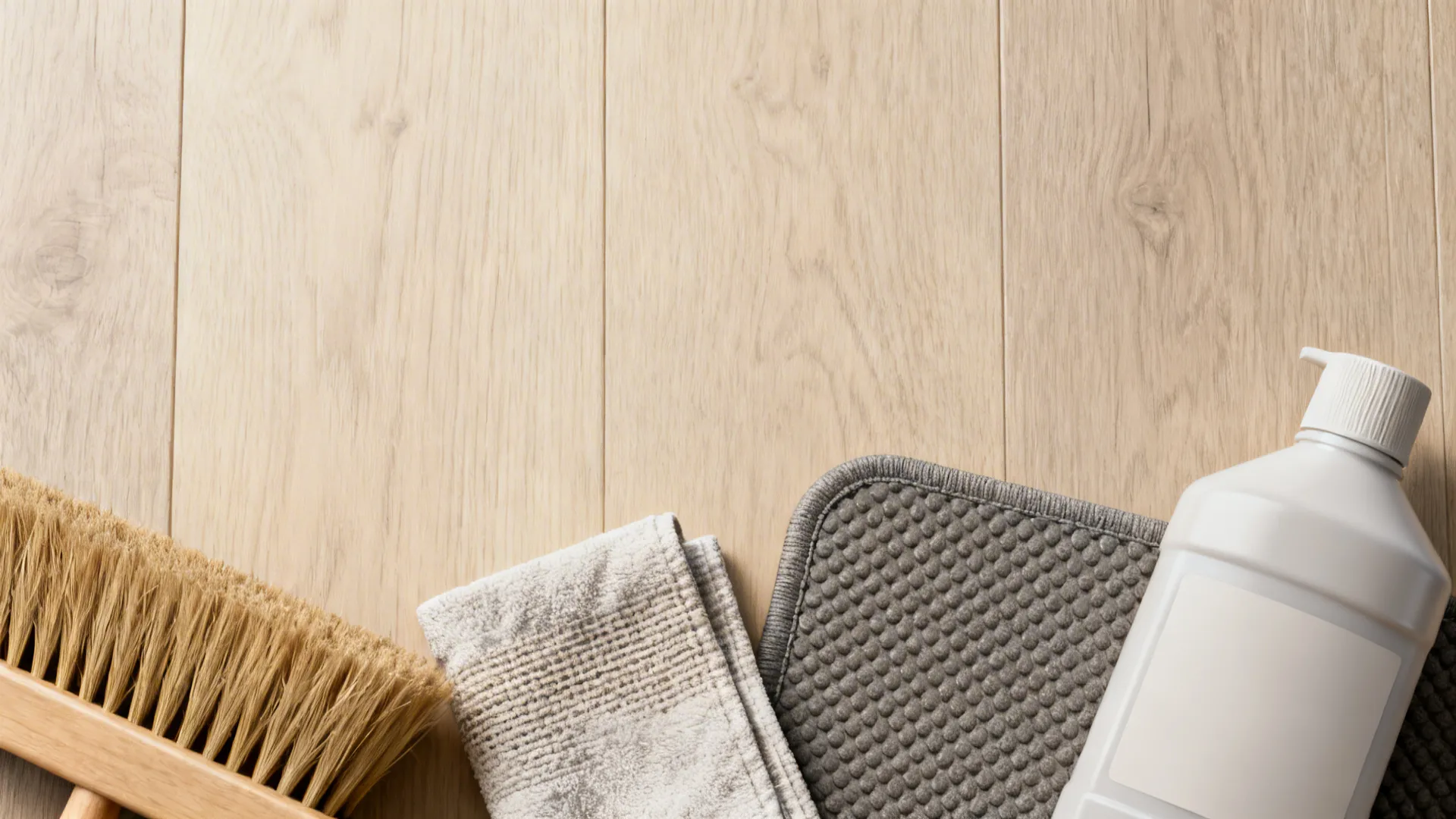 Cleaning tools and rug pad on light hardwood floor for maintenance tips
