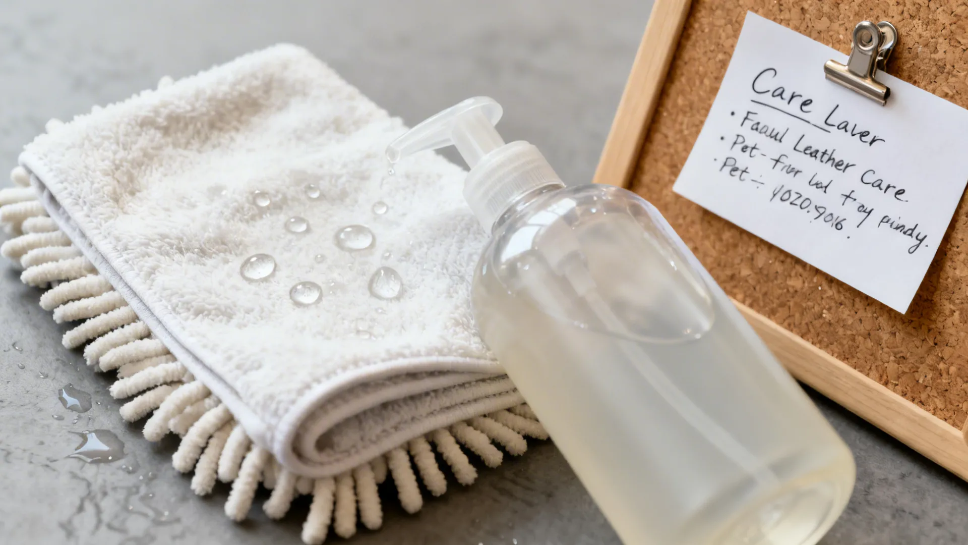 Care items for faux leather including a damp cloth and conditioner, shown in a minimalist editorial composition.