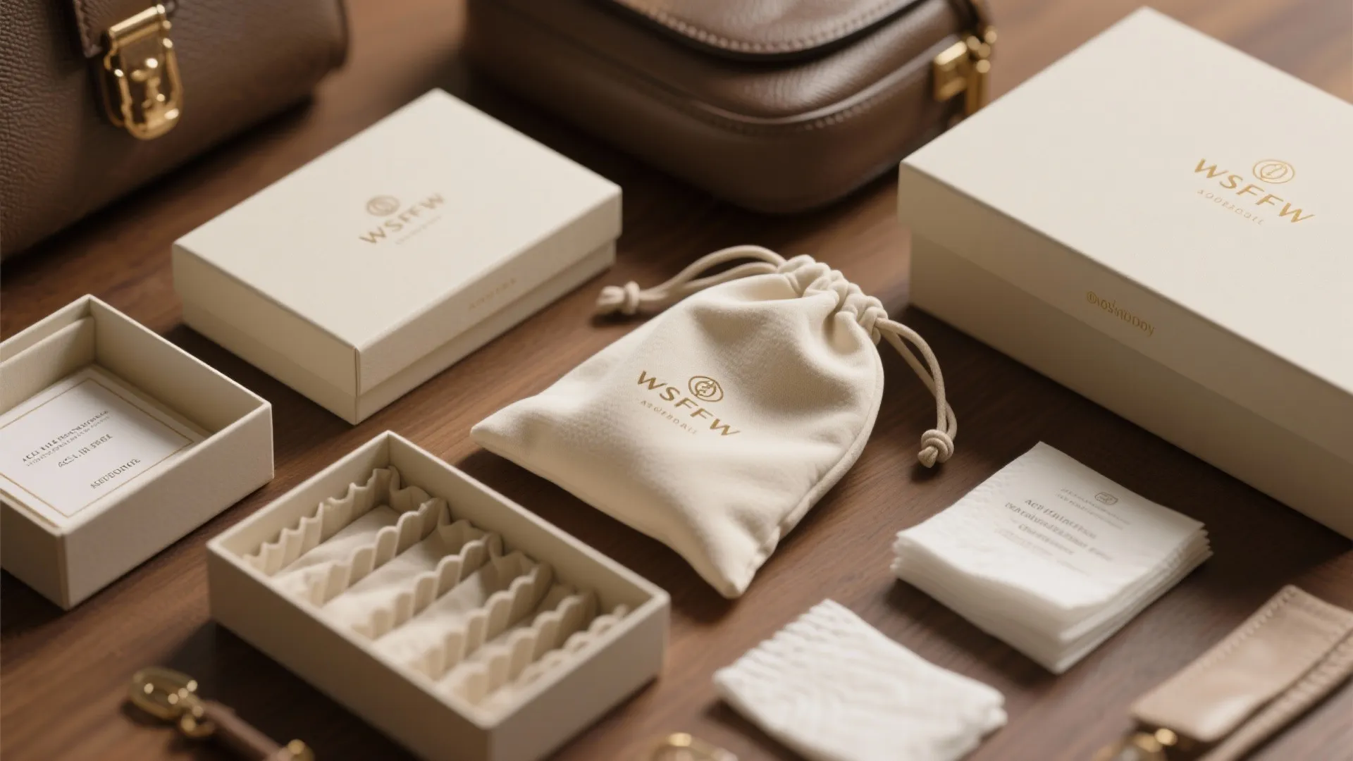 Luxury packaging set with white boxes small fabric bag and cleaning cloth on dark wooden table