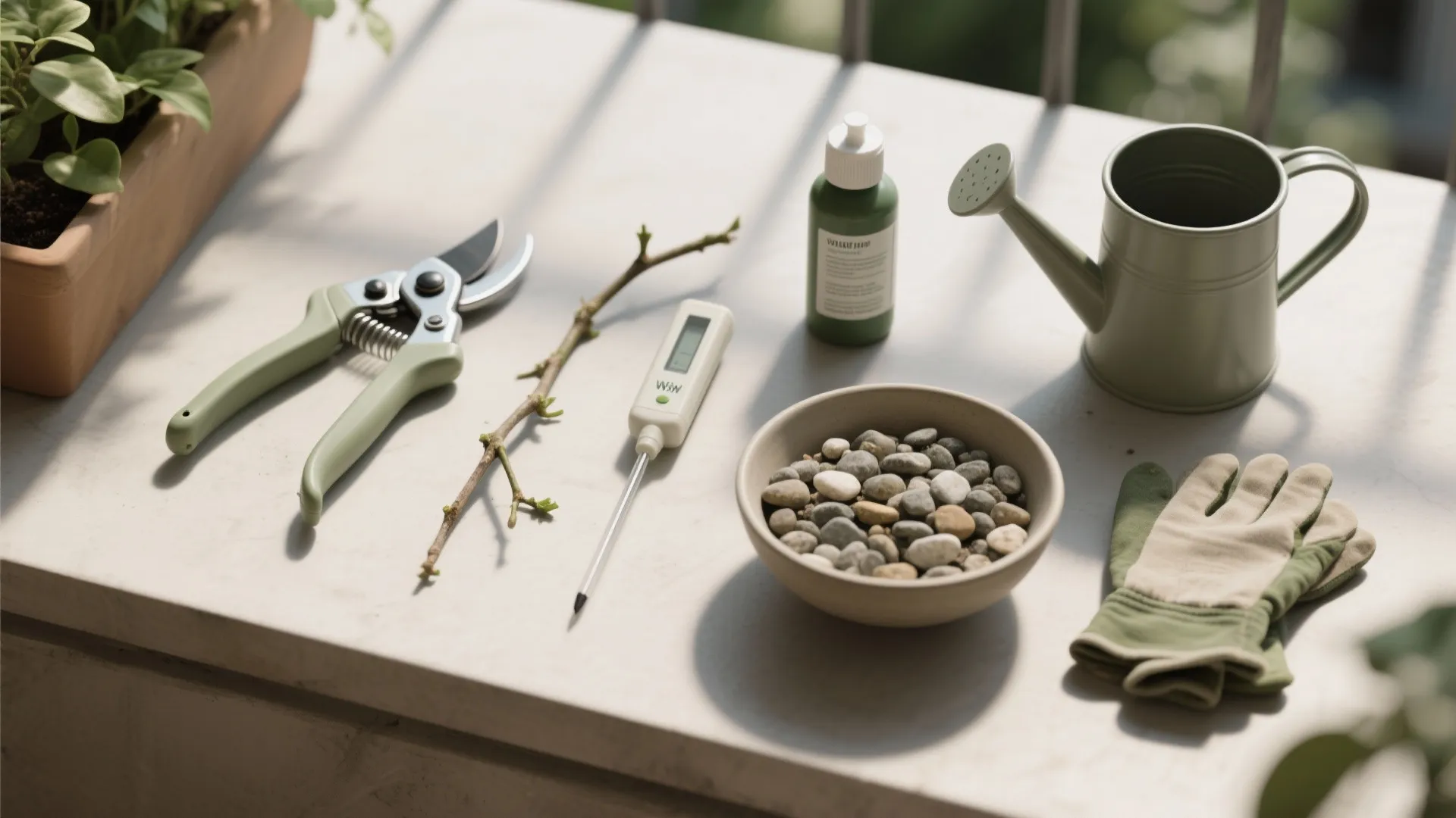 Flat lay of balcony care tools: pruners, moisture meter, watering can, fertilizer, gravel mulch, and gloves on a neutral surface.