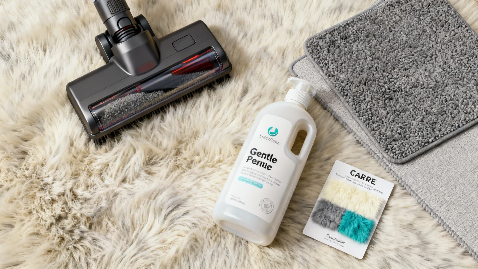 Flatlay of care items and fabric swatches for faux fur rugs including vacuum head and rug pad sample.
