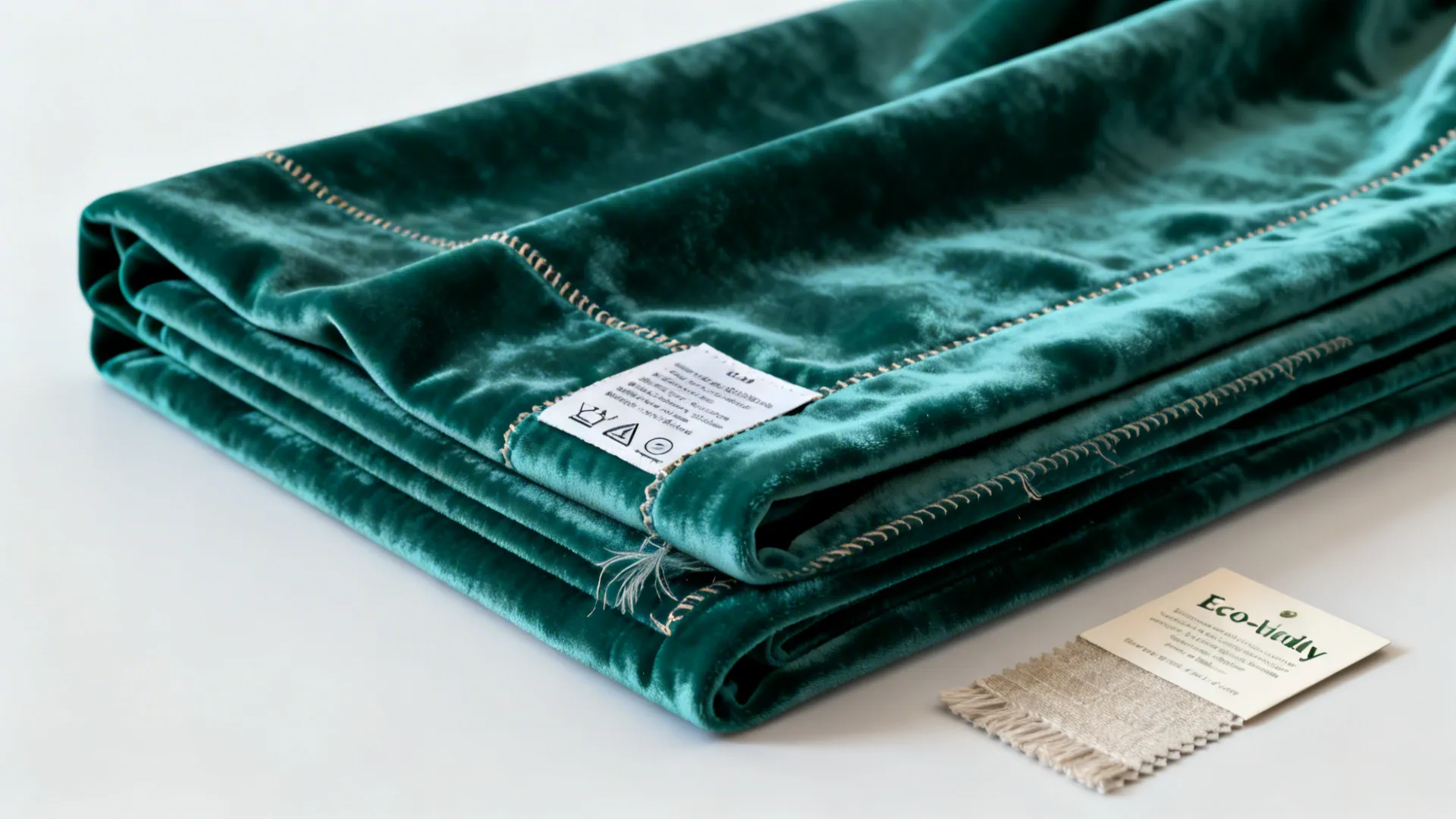 Close-up of a care label, fabric swatch and eco-friendly linen sample for emerald curtains.