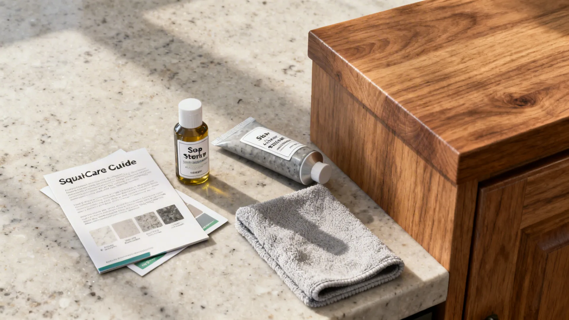 Countertop care items and sample cards beside oak cabinet edge in natural light