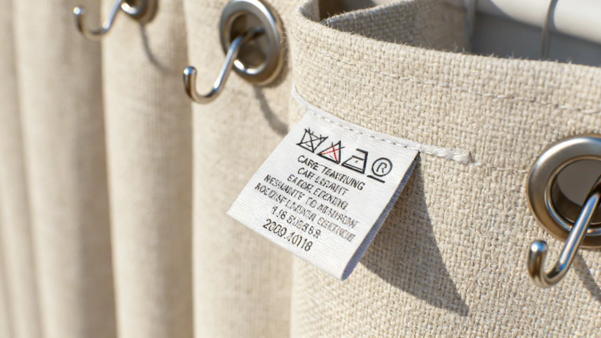 Close-up of curtain care label and hardware hooks illustrating maintenance considerations.