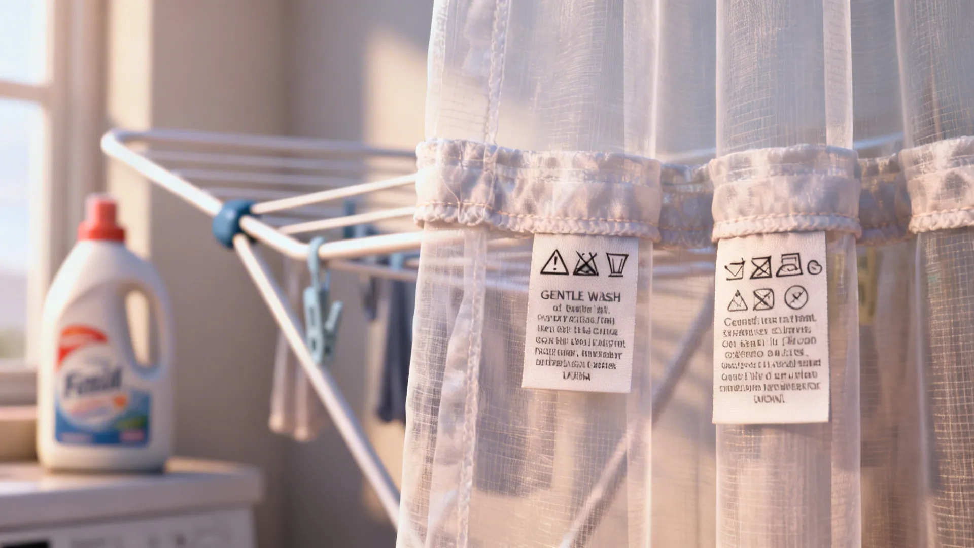 Close-up of a sheer curtain care label with gentle-wash symbols and air-dry setup