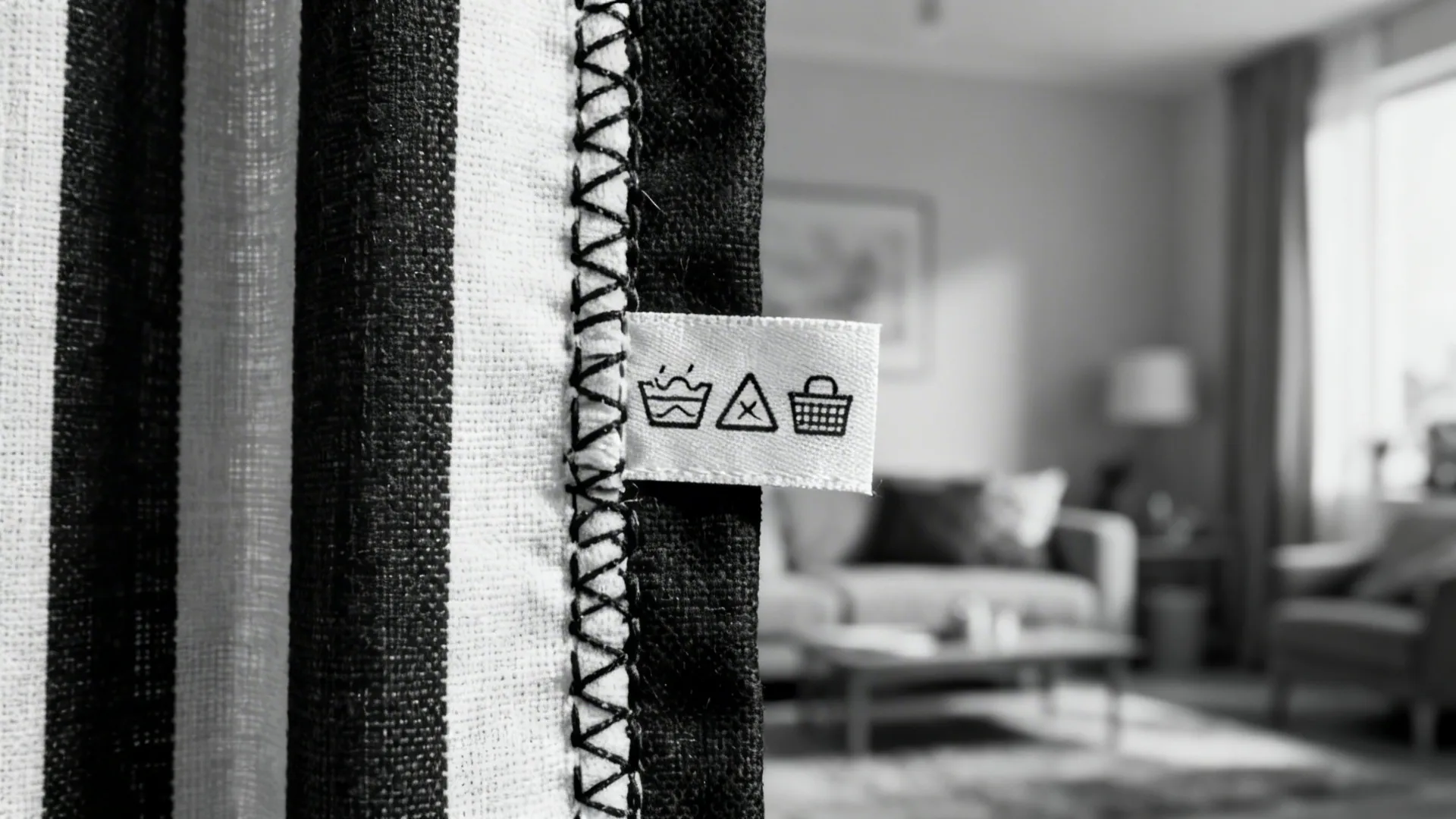 Close-up of curtain care label and fabric texture with washing symbols visible