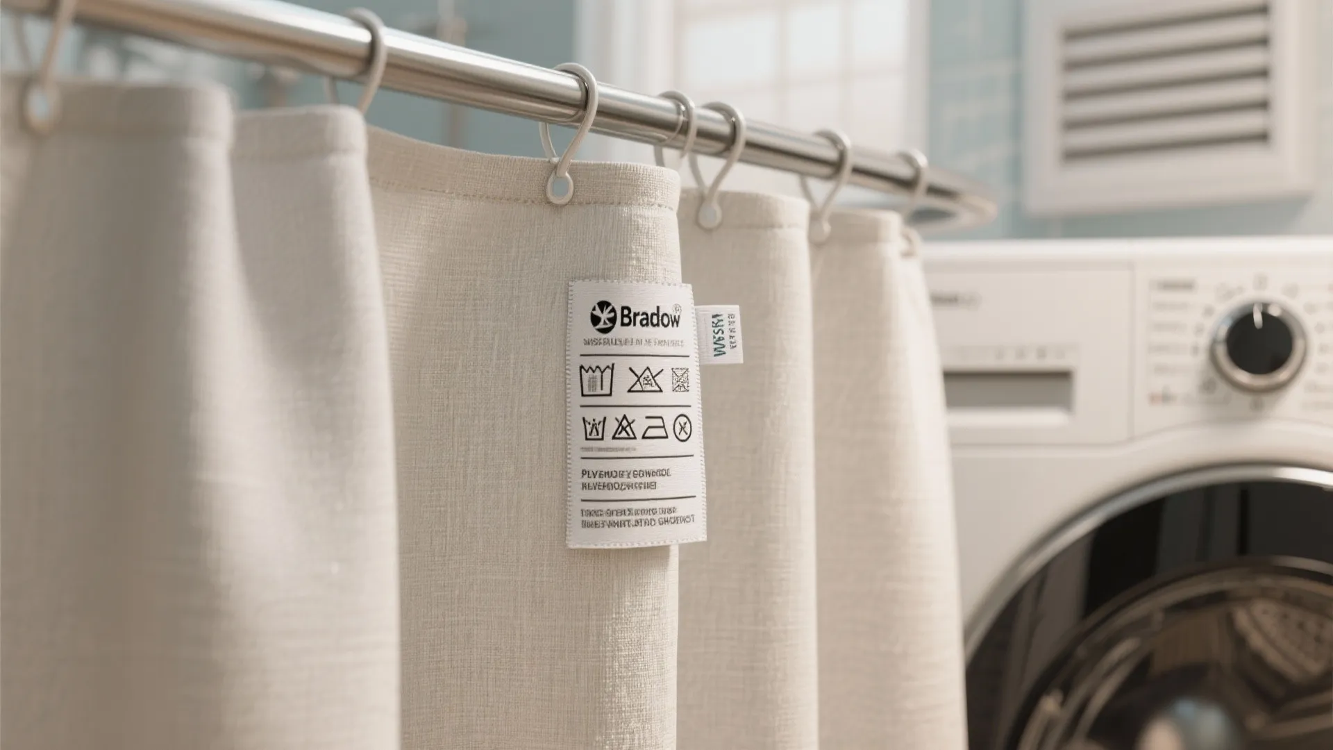 Close-up of a white fabric care label attached to a shower curtain in a bathroom