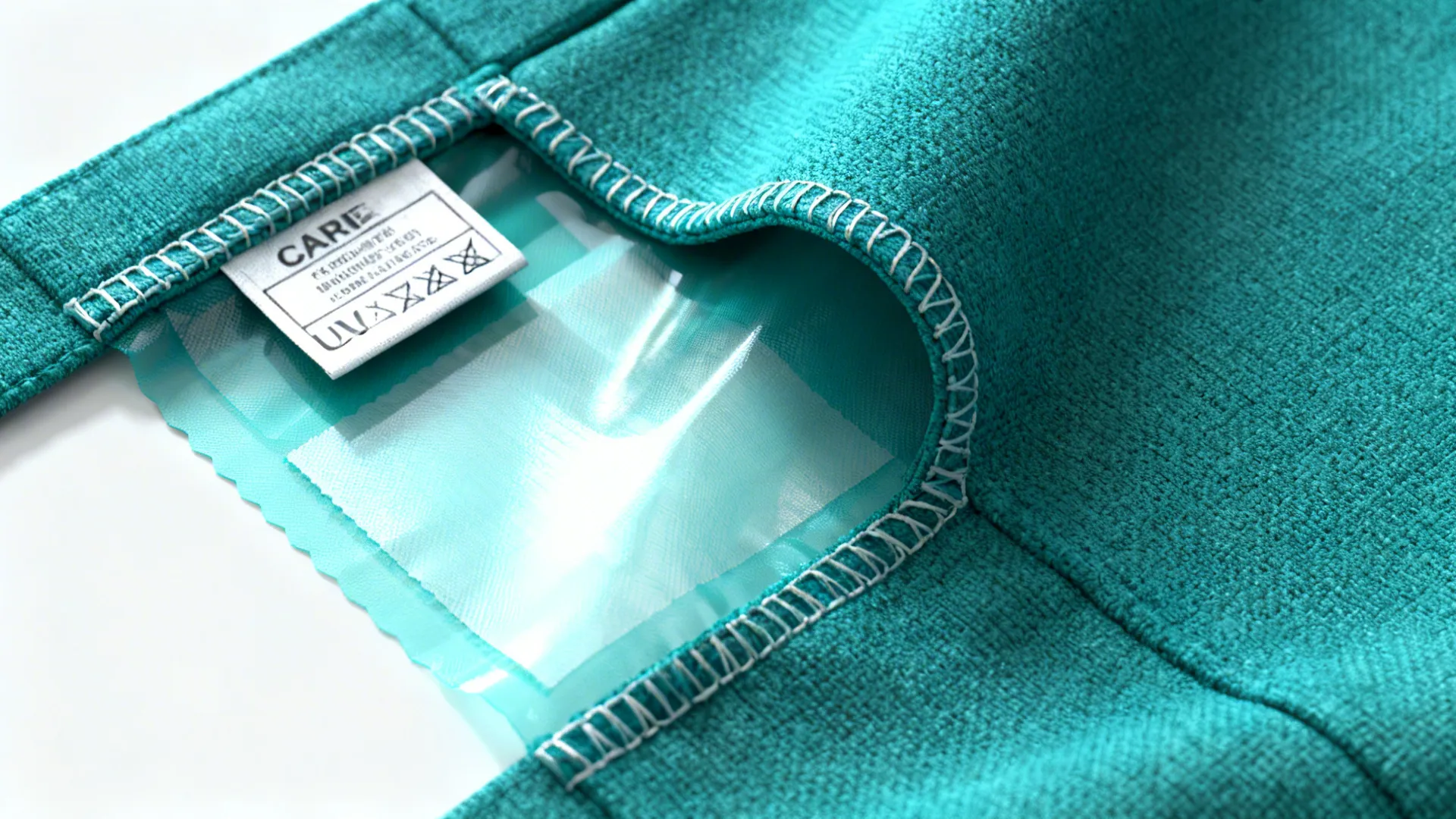 Close-up of curtain care label and UV-protective lining on a teal fabric sample.