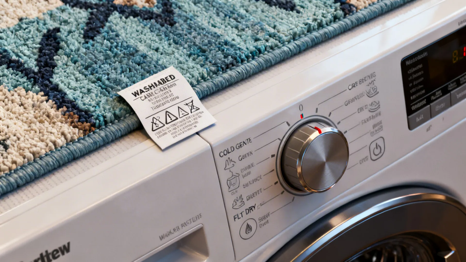 Close-up of a washable rug care label and washing machine dial showing recommended settings.