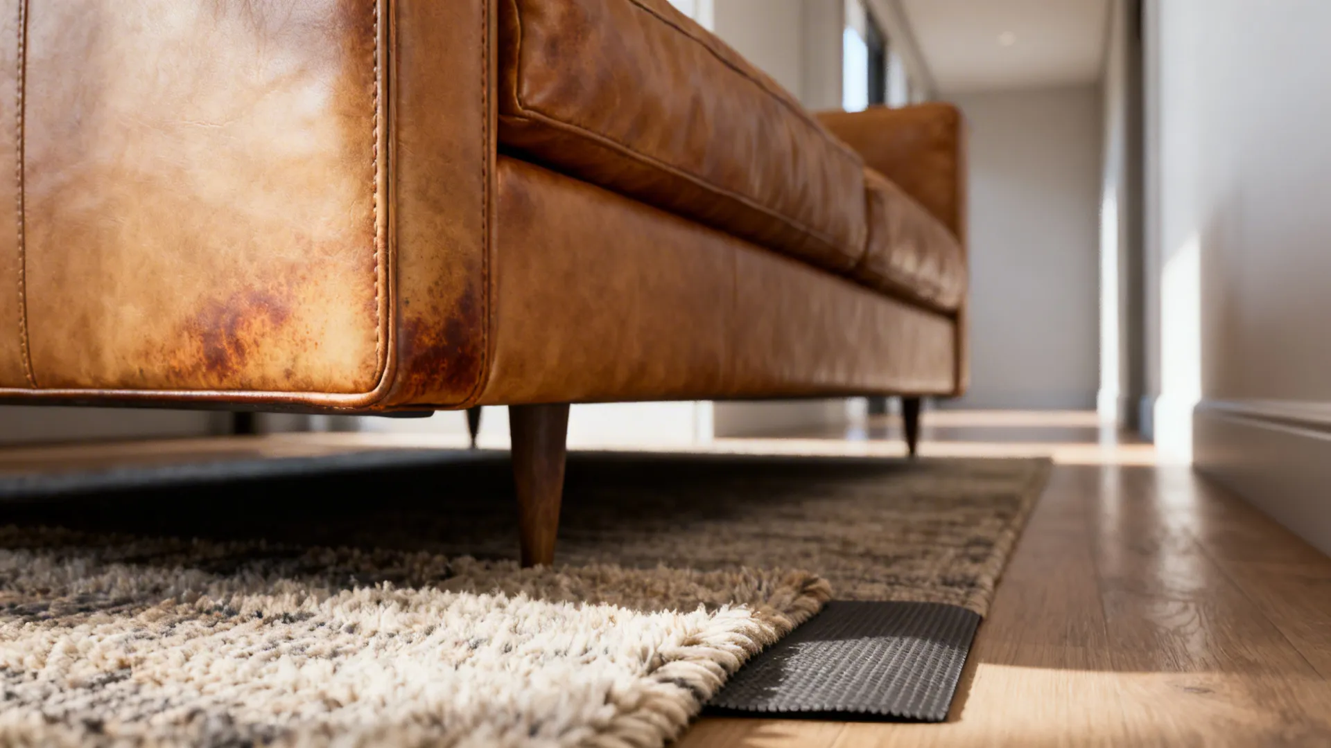 Brown leather sofa corner with wooden leg on textured rug and black non slip mat