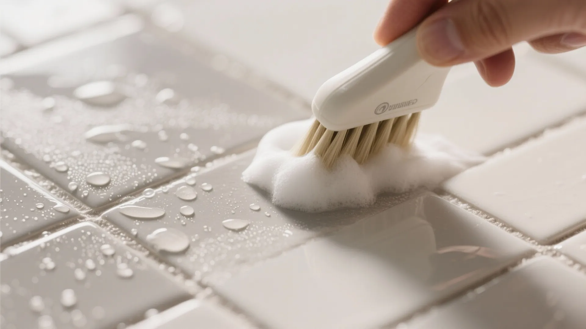 Macro of matte porcelain being cleaned with a soft brush and pH-neutral foam, revealing the micro-texture.