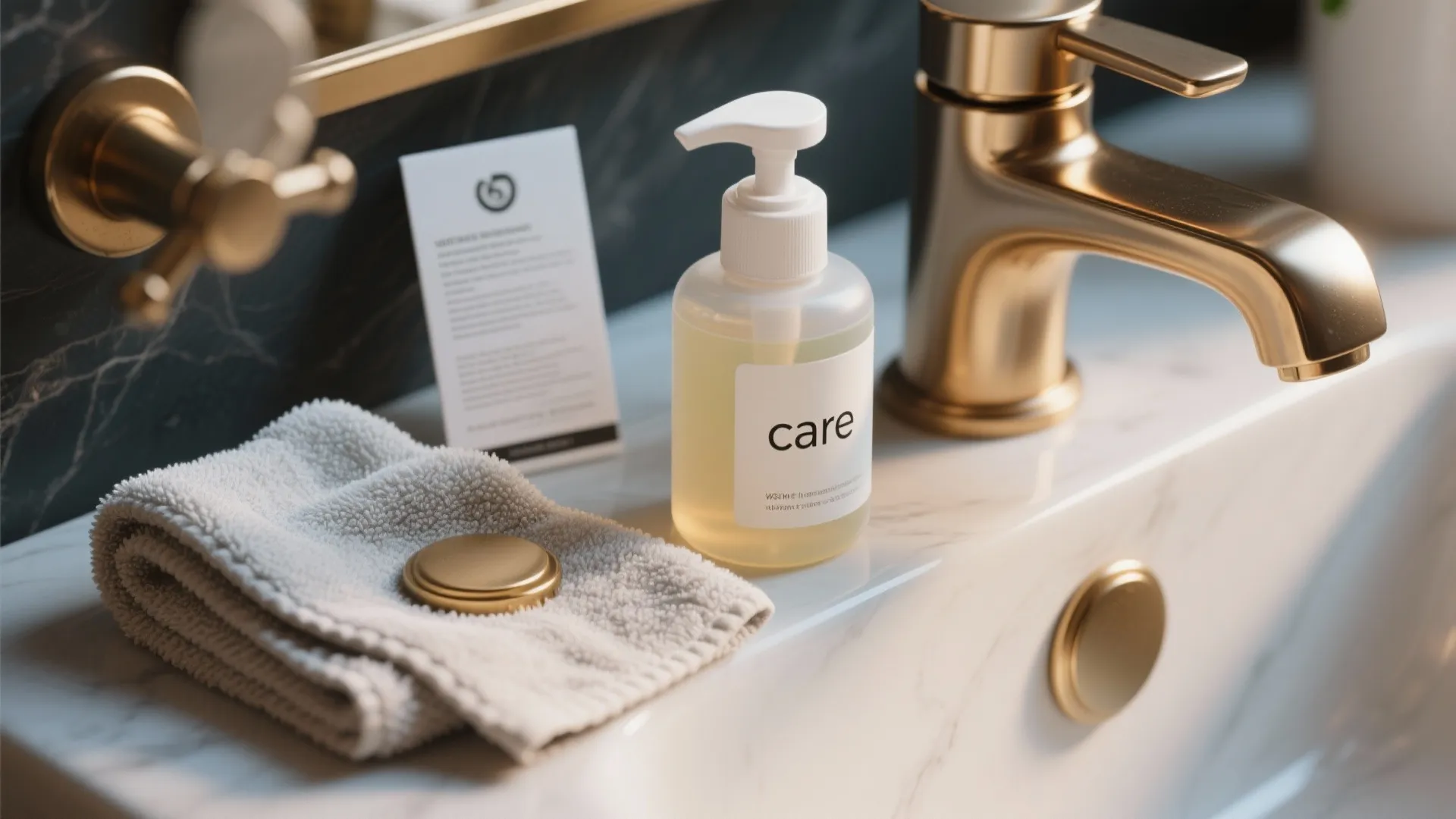Bathroom sink area with gold faucet a white towel and a bottle of cleaning soap