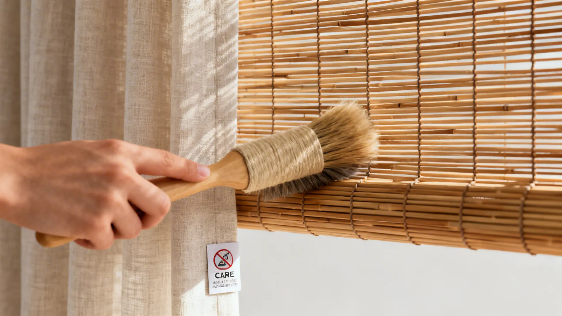 Hand using a wooden brush to clean bamboo window blinds beside a light colored linen curtain